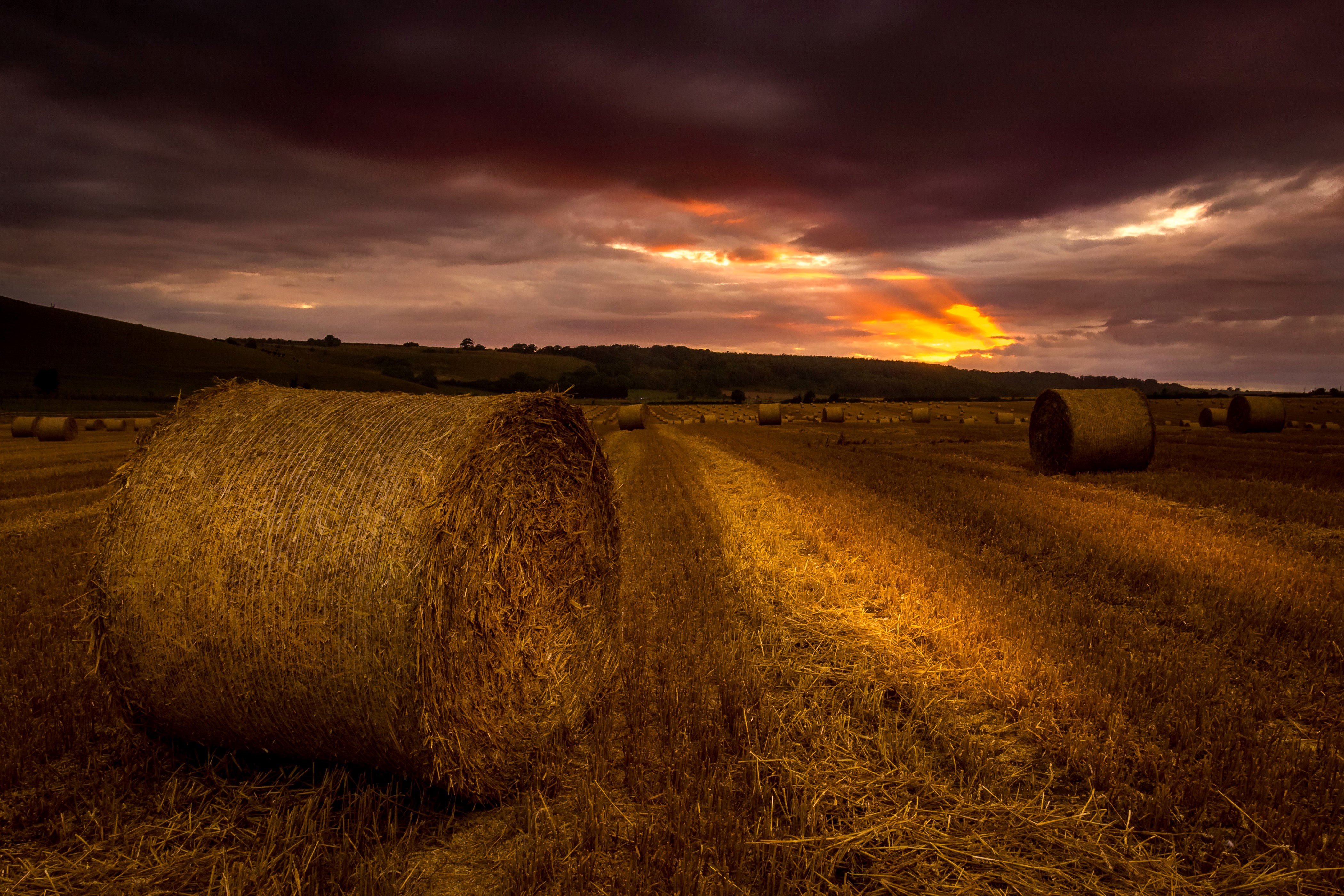 Hay bales in a field at sunset HD Wallpaper