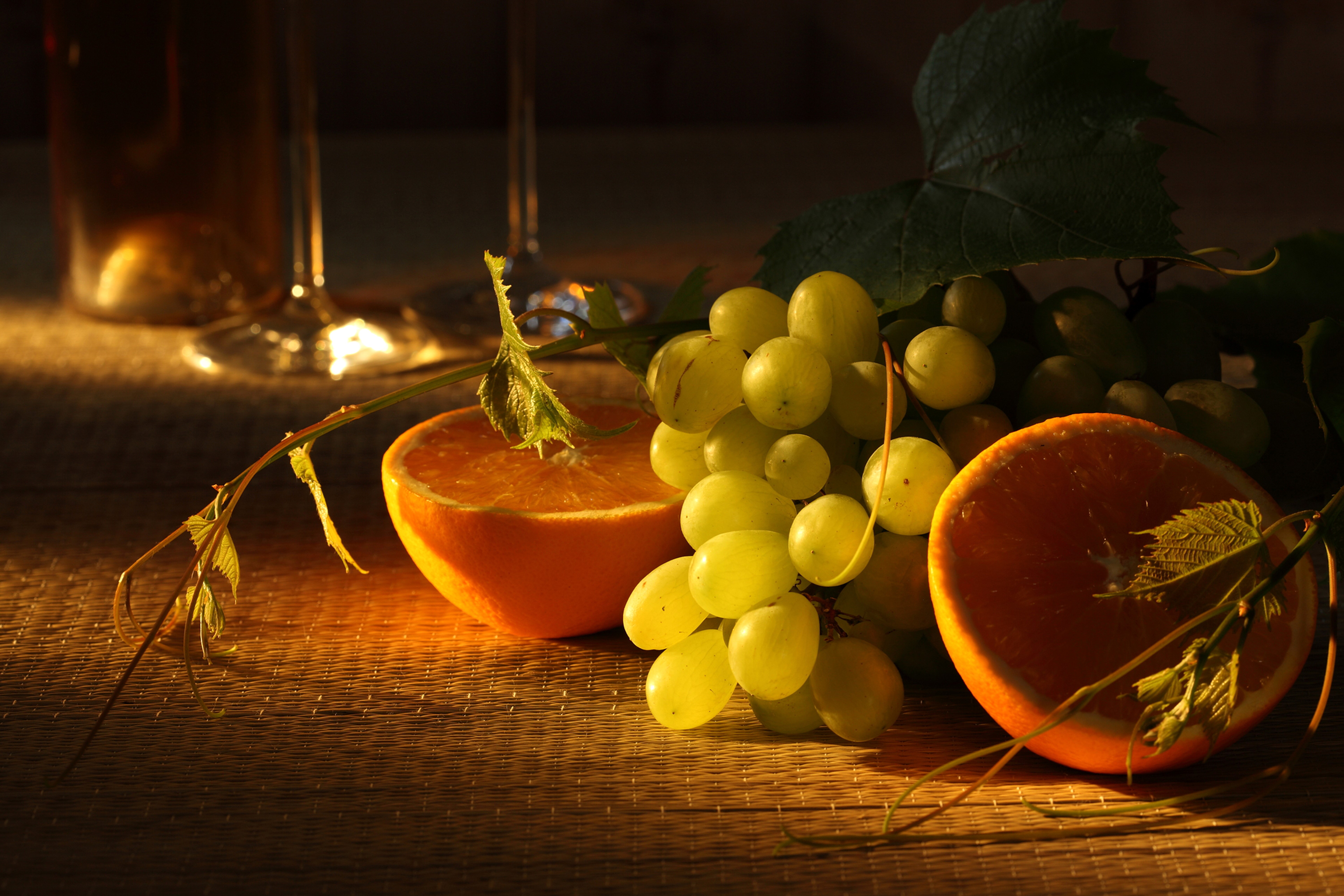 Grapes and oranges with wine glasses HD Wallpaper