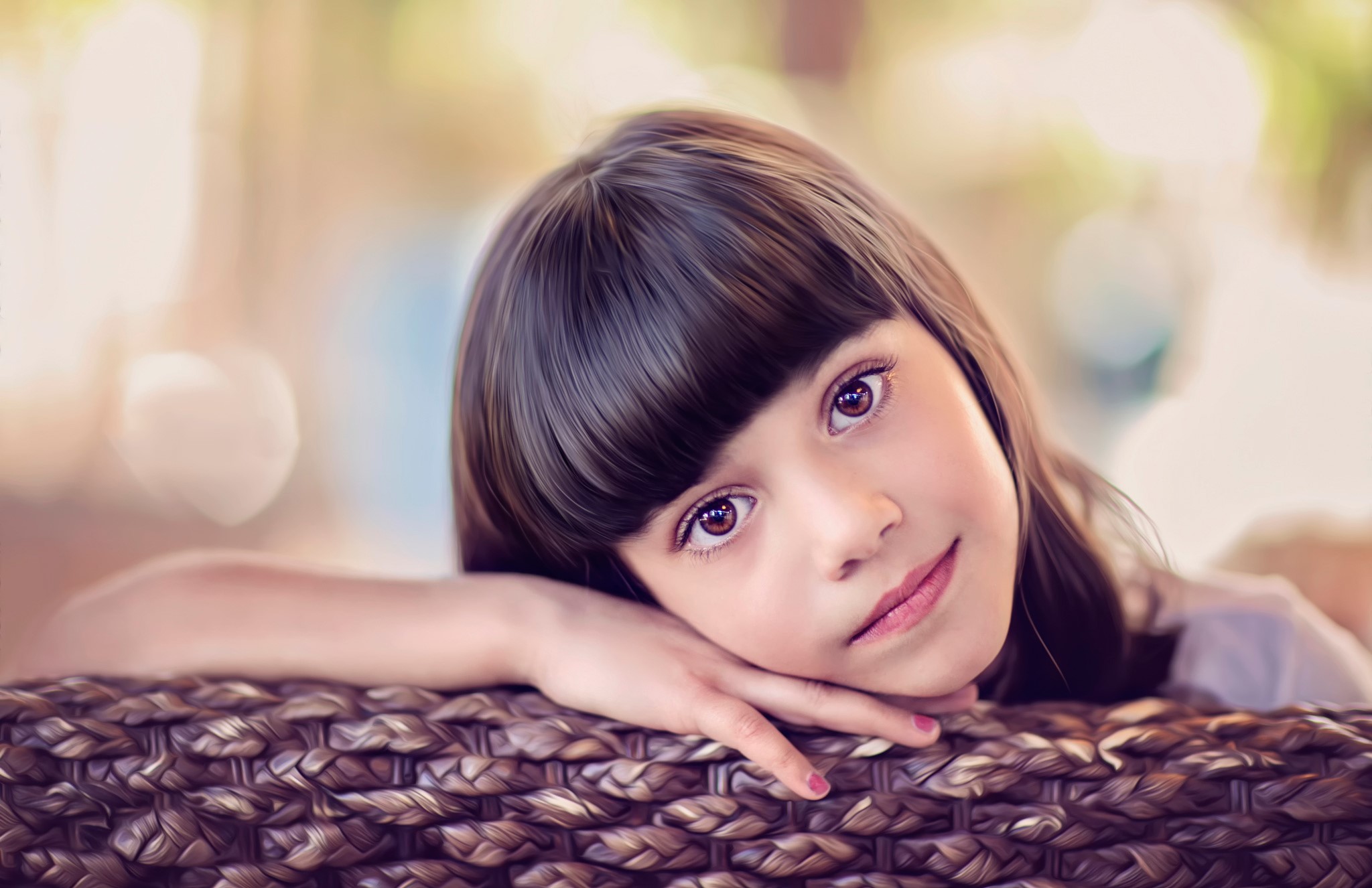 Little girl with bangs resting her head HD Wallpaper