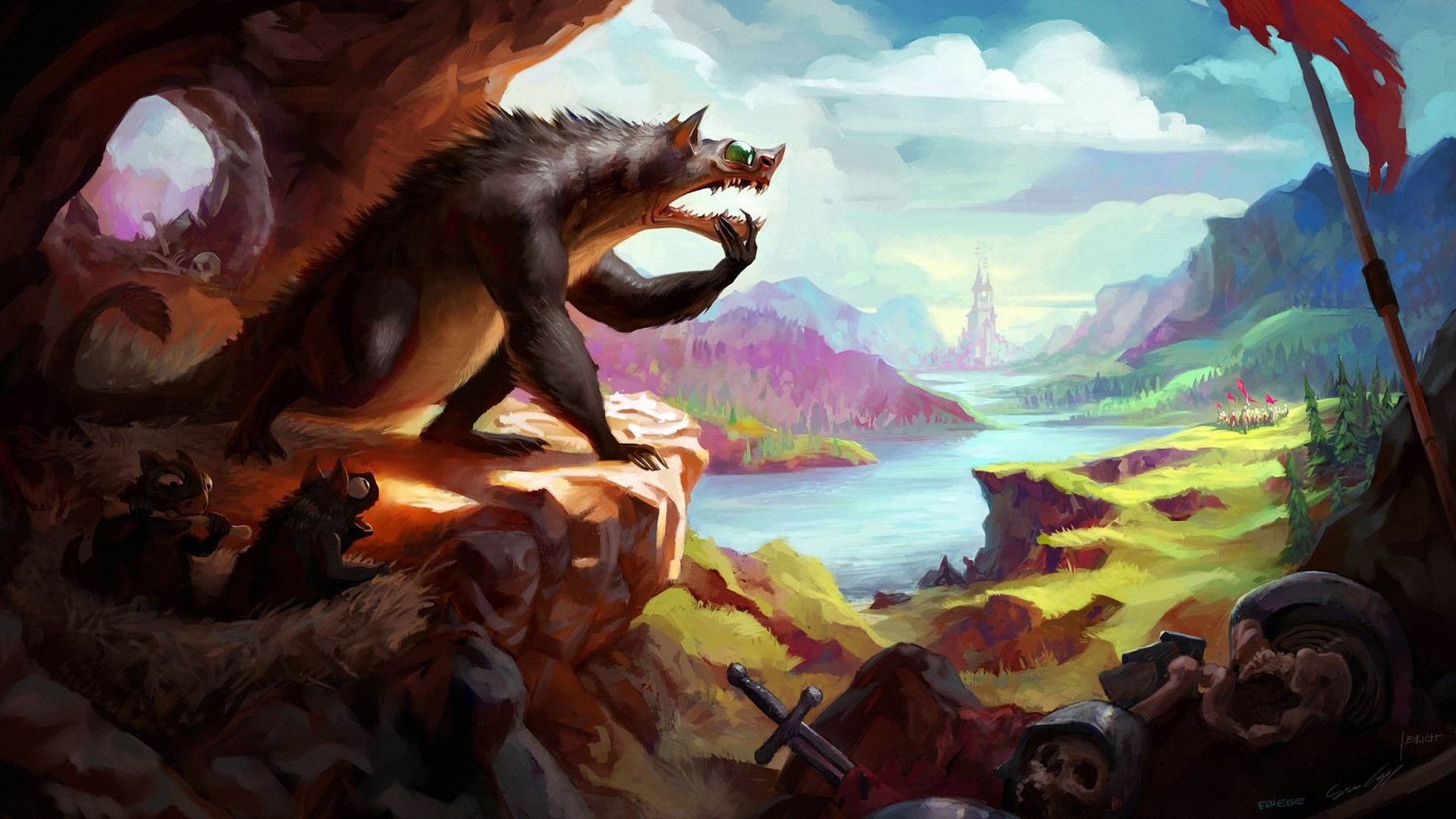 Monster family in a fantasy landscape with a castle HD Wallpaper