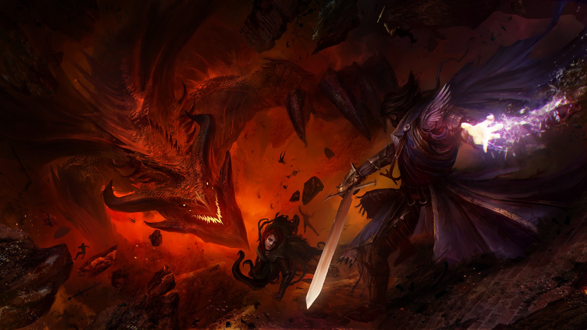 Warrior battles a dragon with magic and sword HD Wallpaper