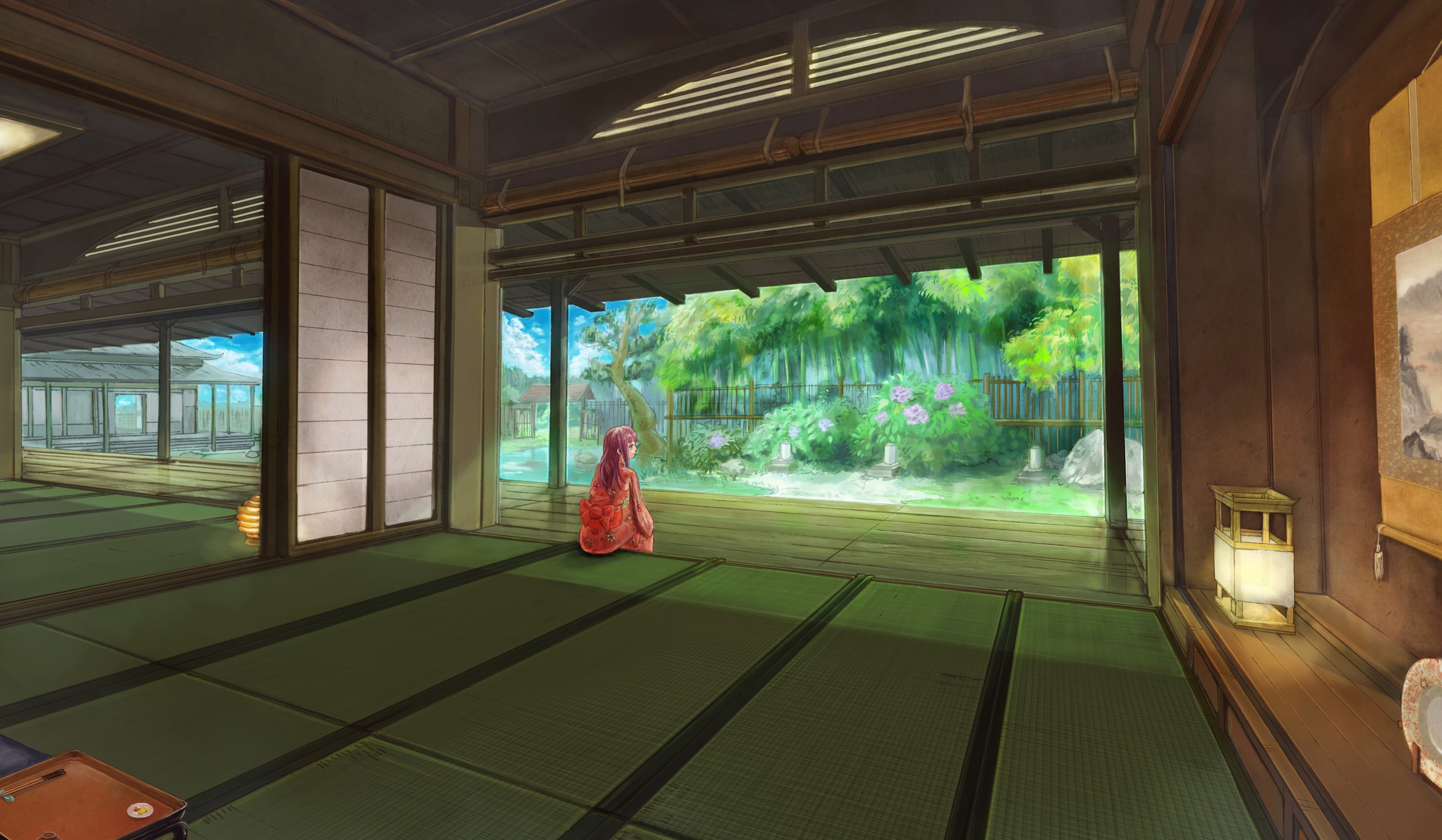 Girl in Kimono in Japanese Room Overlooking Garden HD Wallpaper