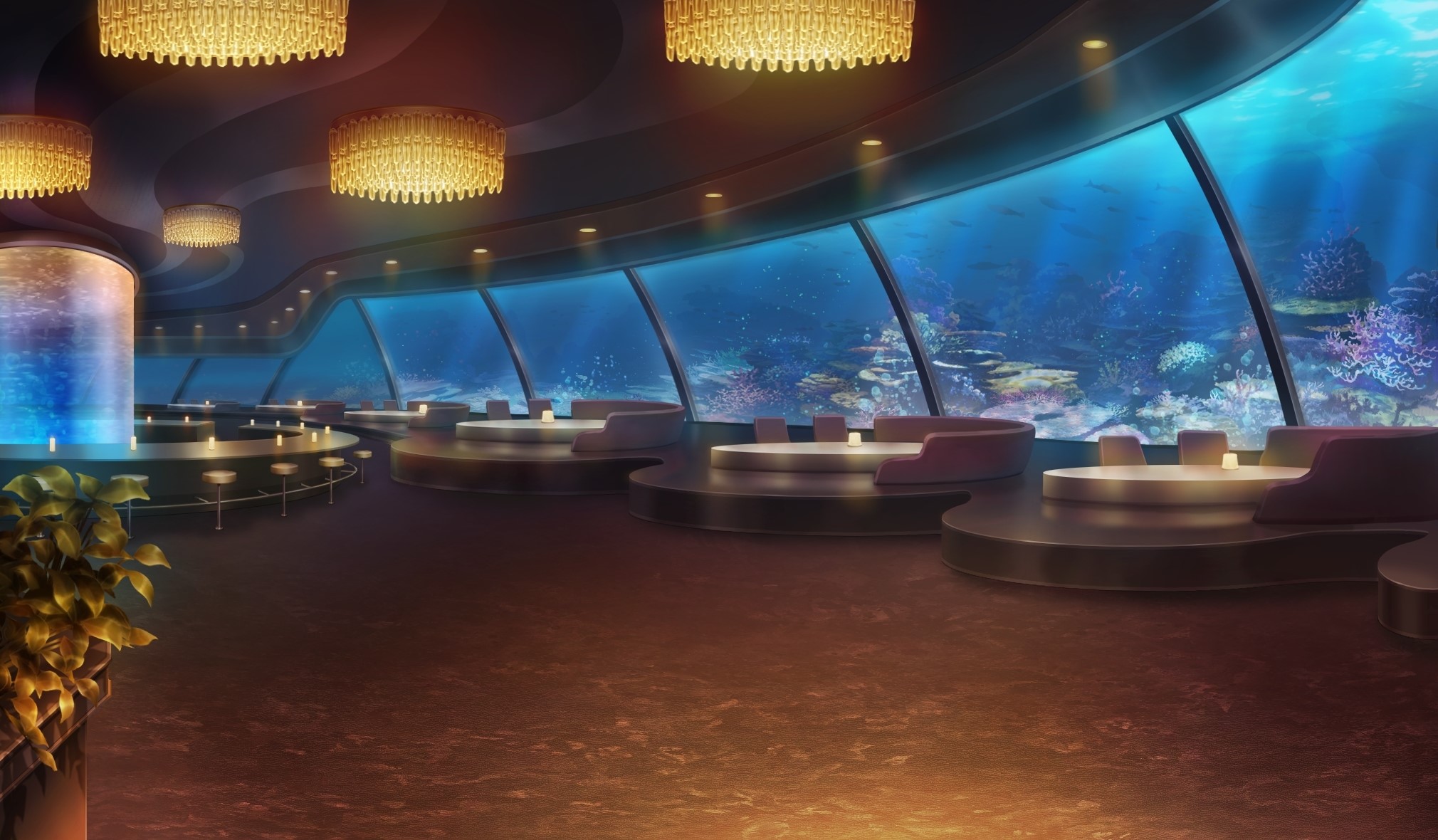 Underwater Aquarium Restaurant Interior HD Wallpaper