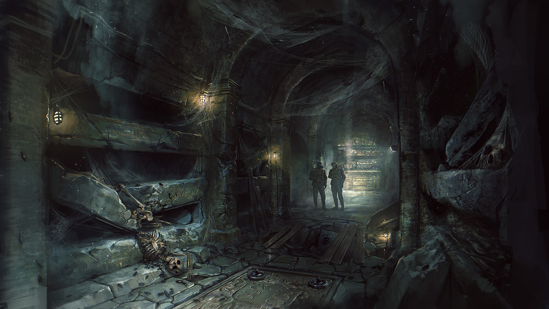 Two warriors in a dark, ancient tomb with skeletons HD Wallpaper