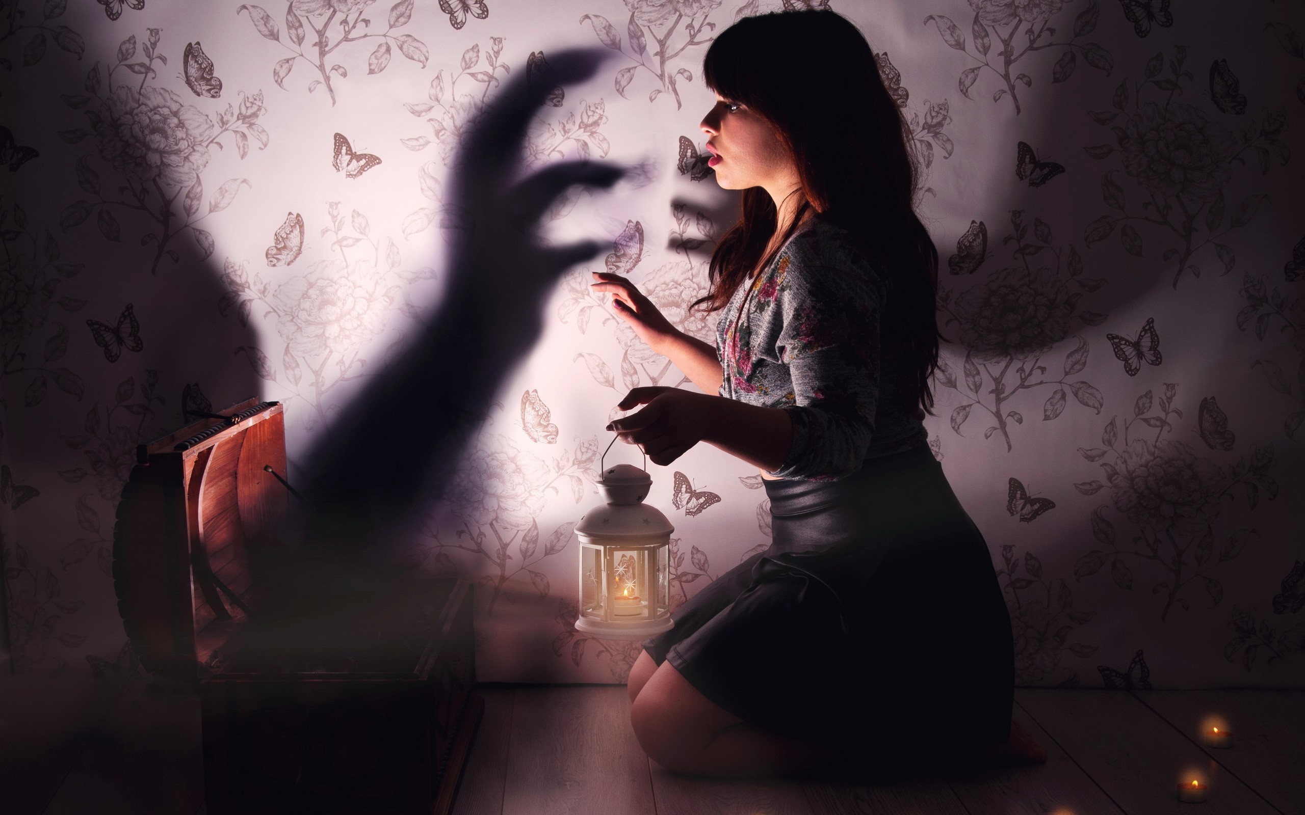 Woman with lantern and shadow hand HD Wallpaper