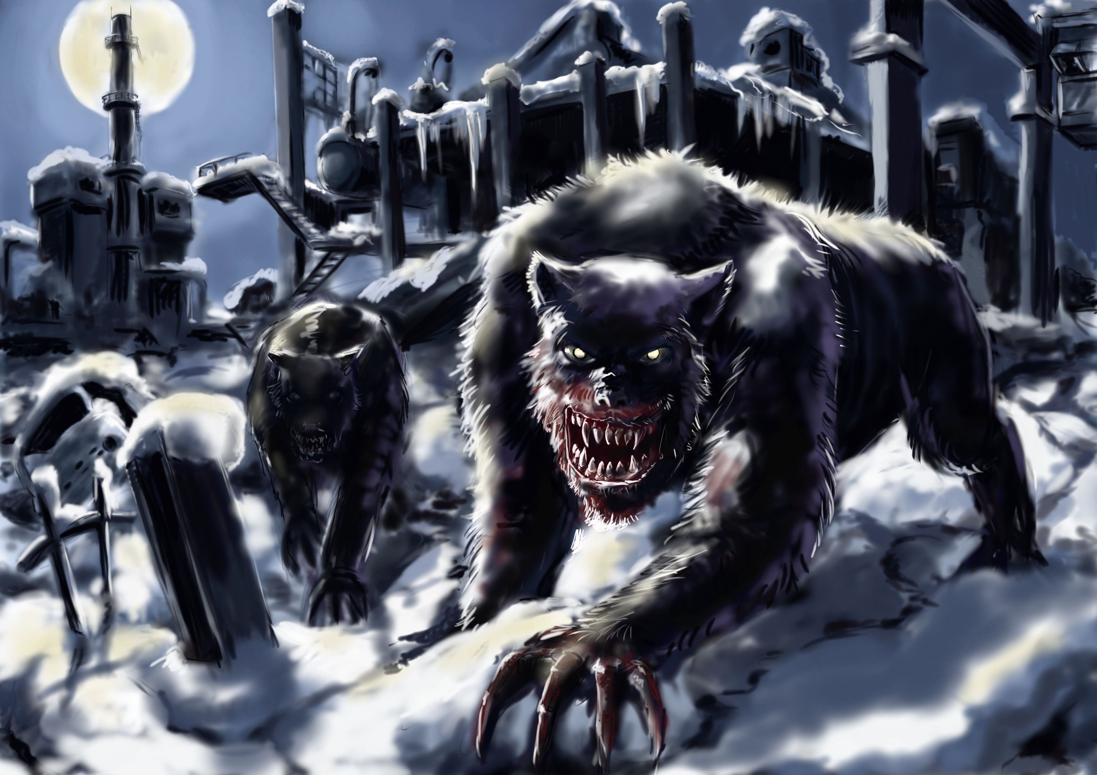 Two werewolves in a snowy industrial landscape HD Wallpaper