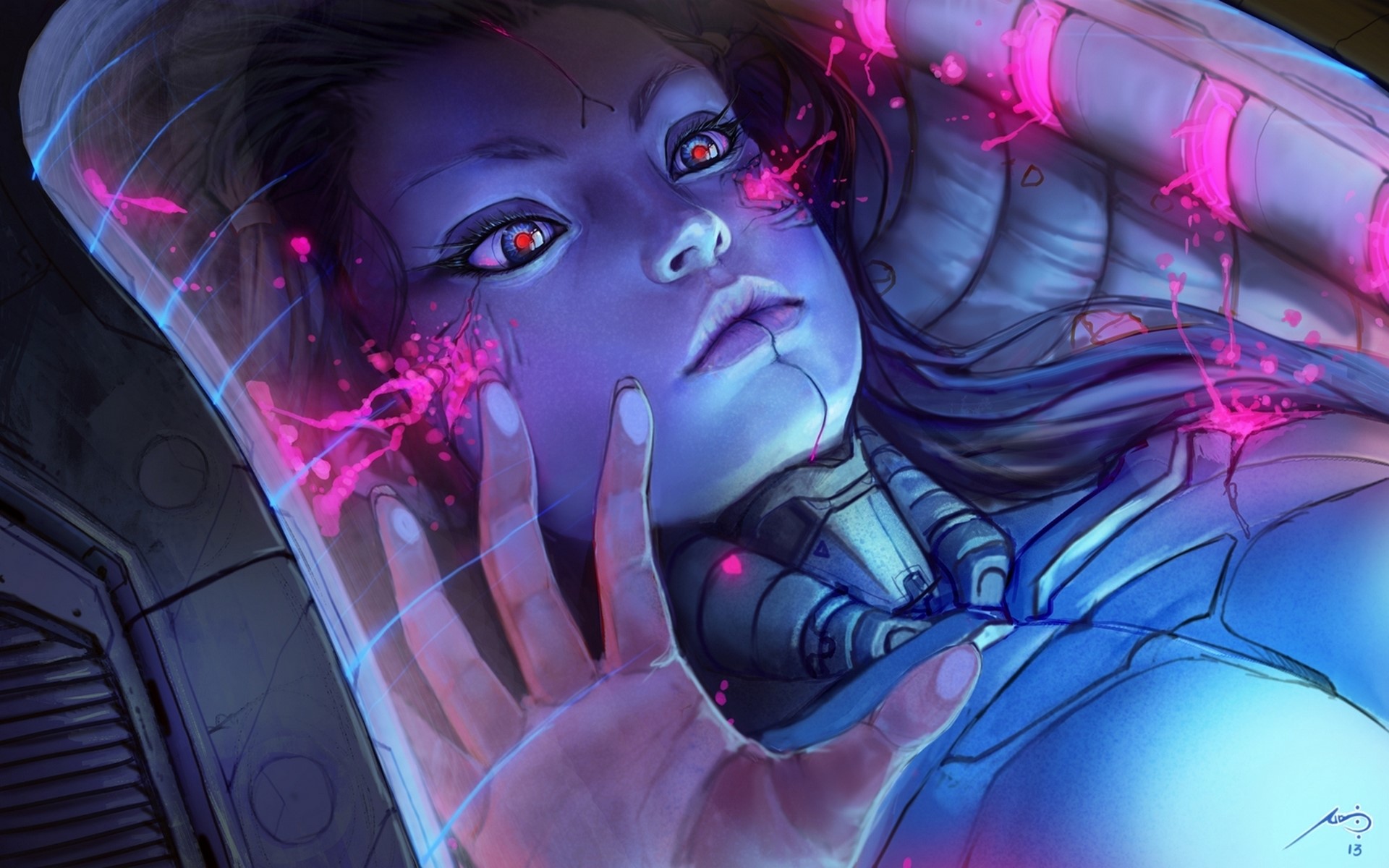 Woman in futuristic pod with pink energy HD Wallpaper