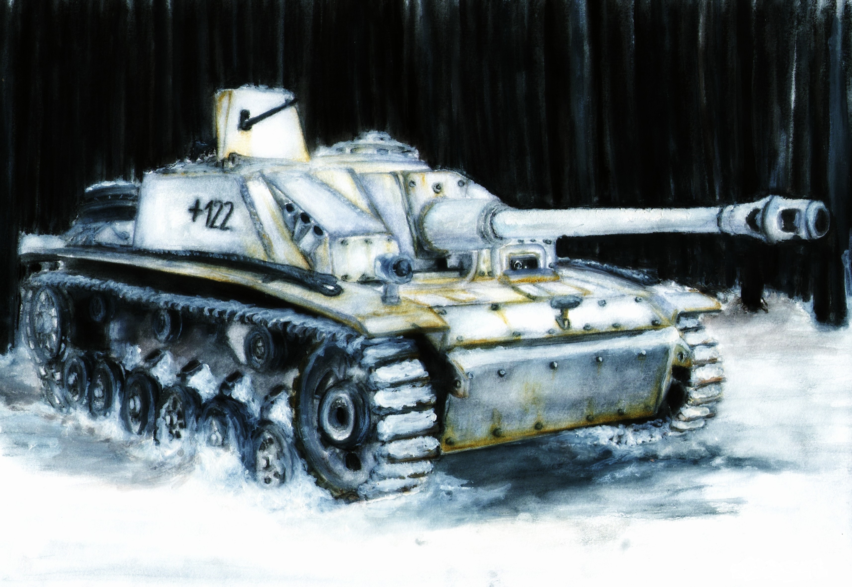 Painting of a StuG III assault gun in snow HD Wallpaper