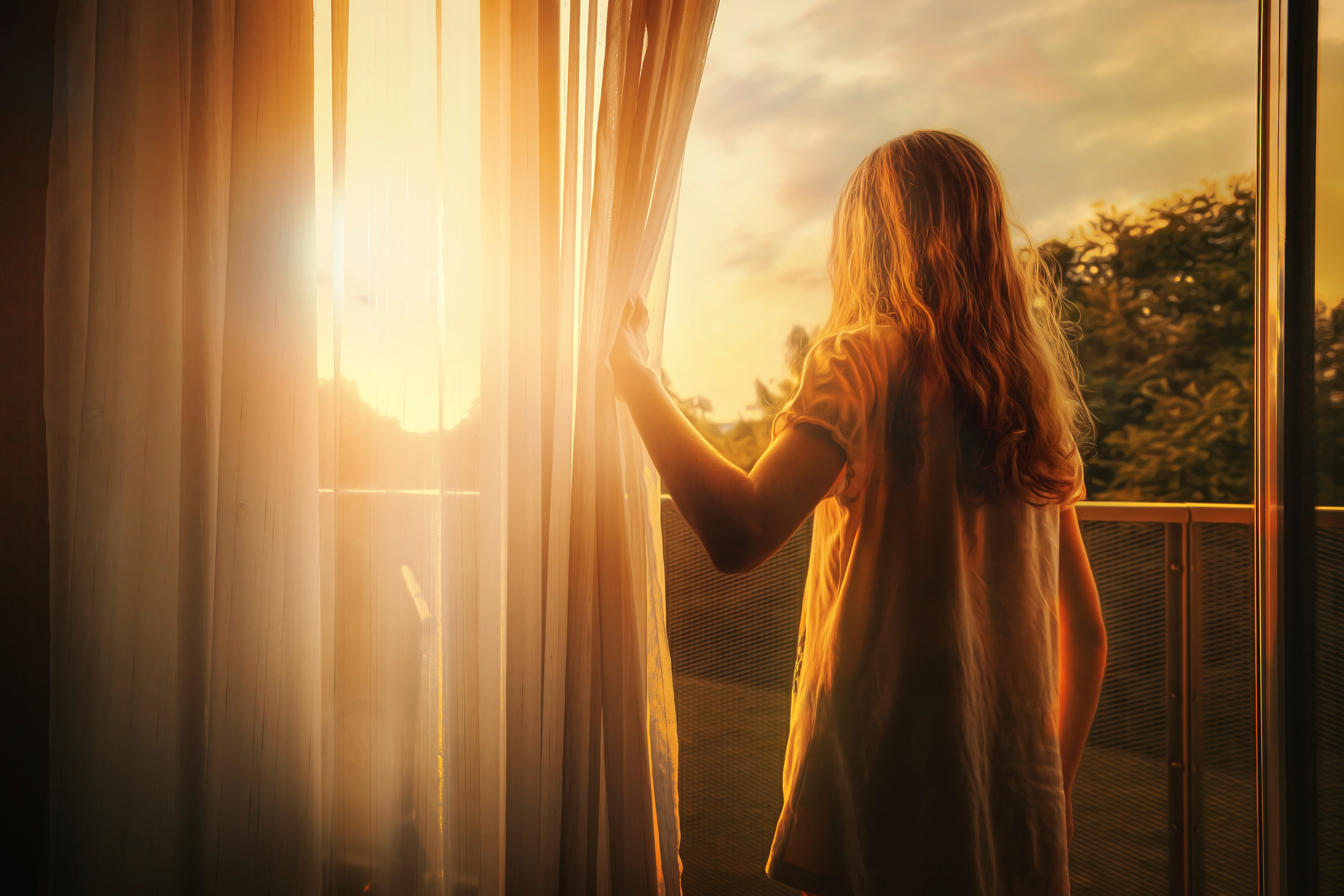 Girl looking out window at sunrise HD Wallpaper