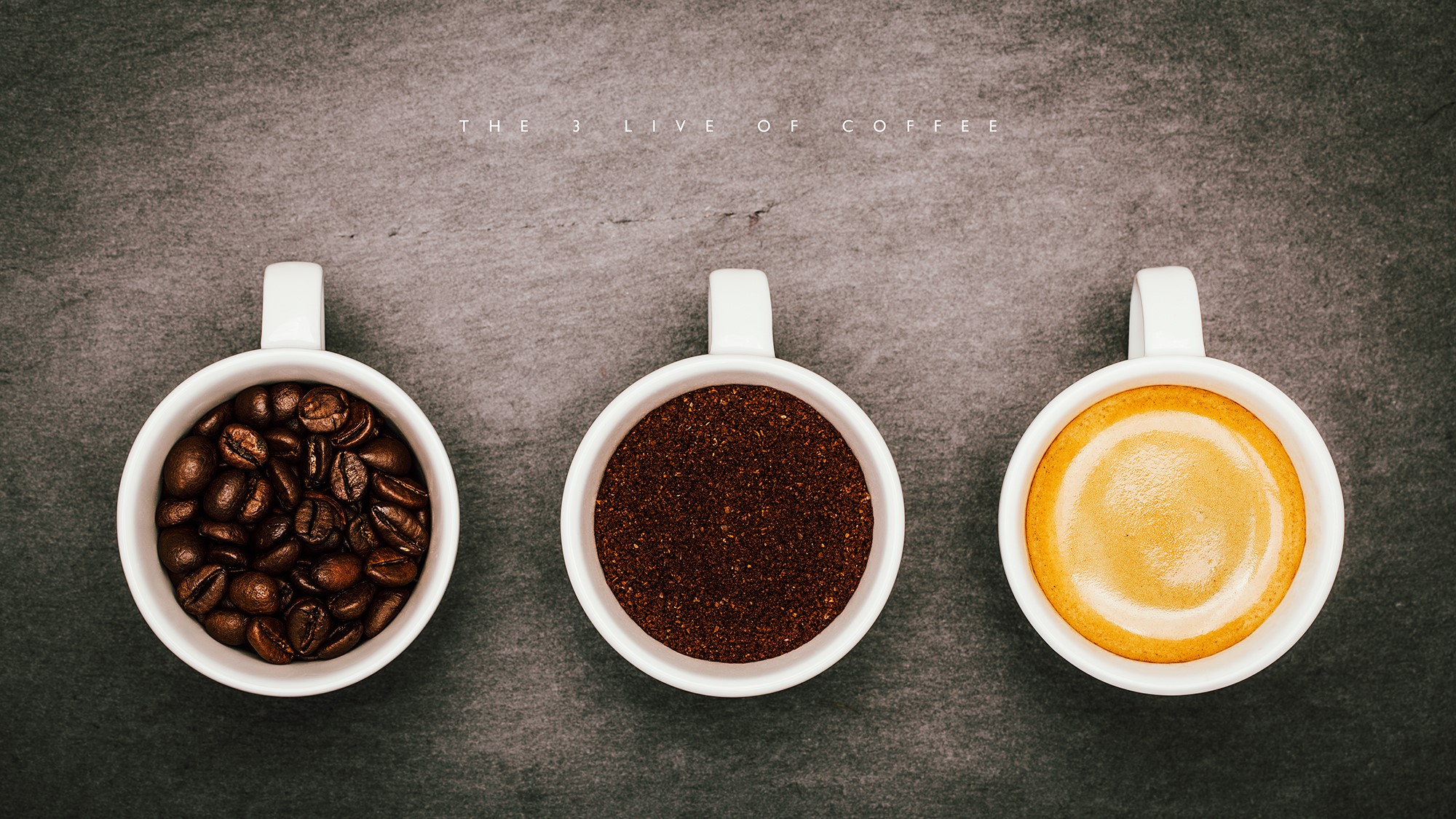 Three cups of coffee: beans, grounds, and espresso HD Wallpaper