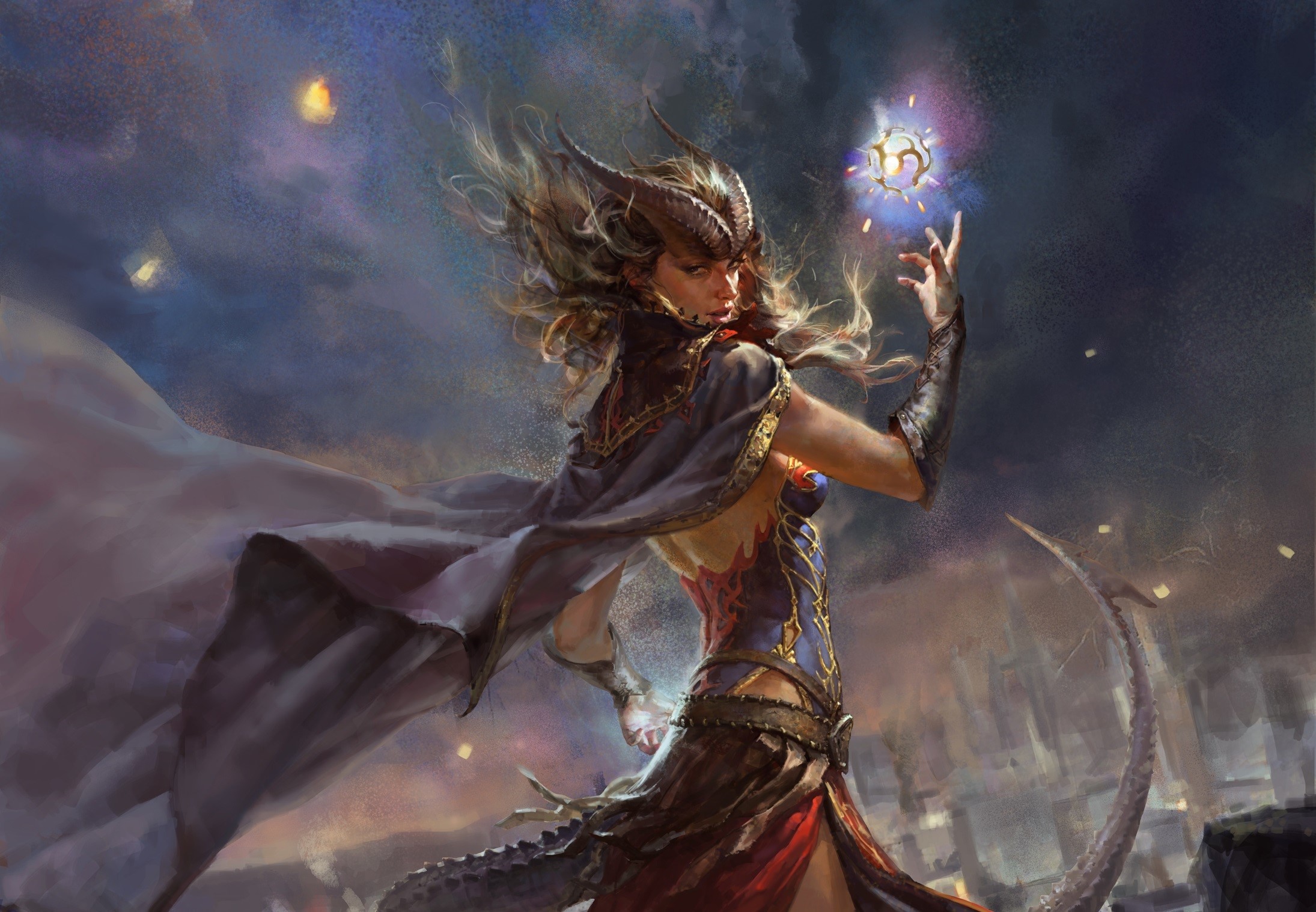 Sorceress with horns casting a spell HD Wallpaper