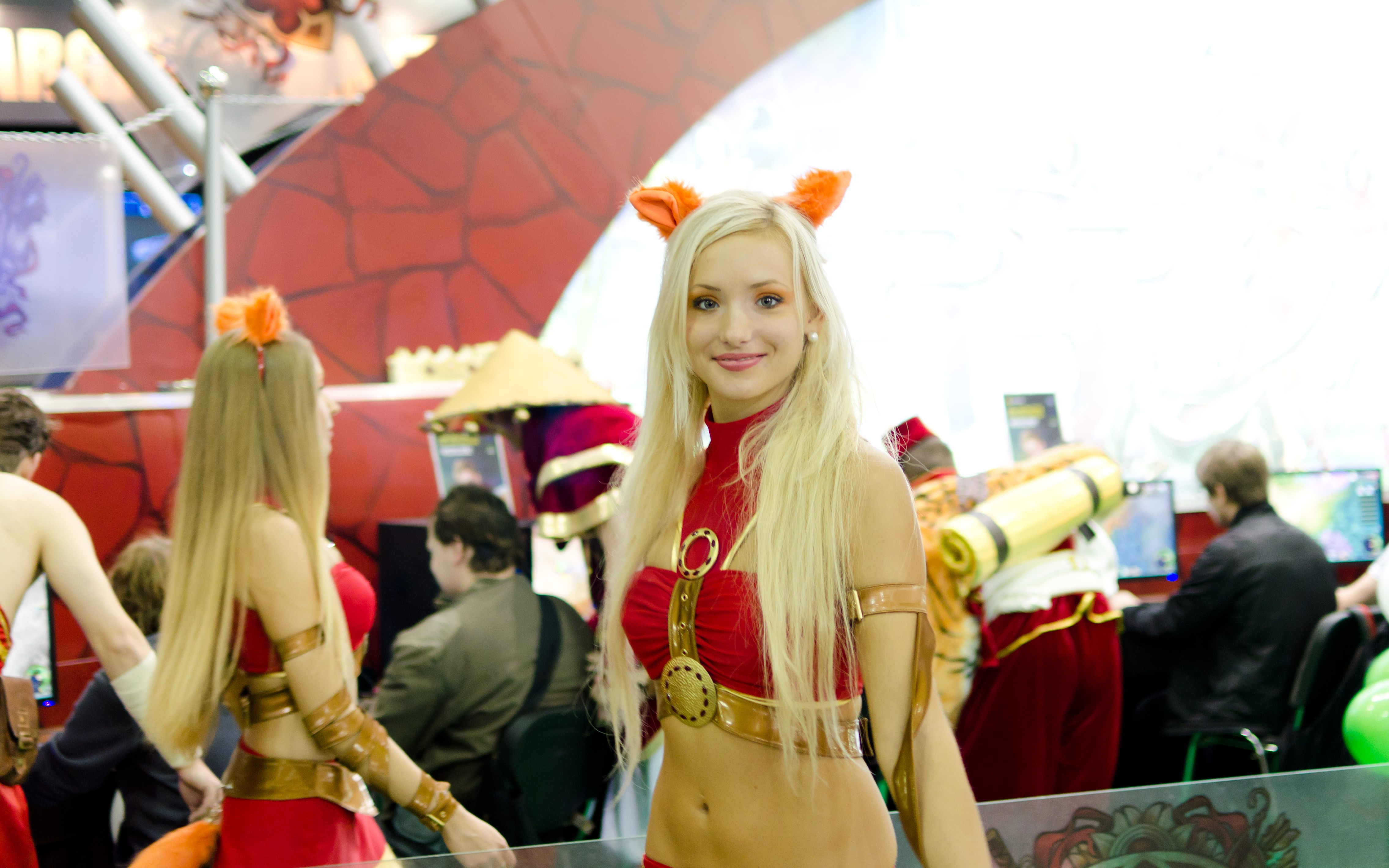 Blonde girl in red costume with fox ears HD Wallpaper