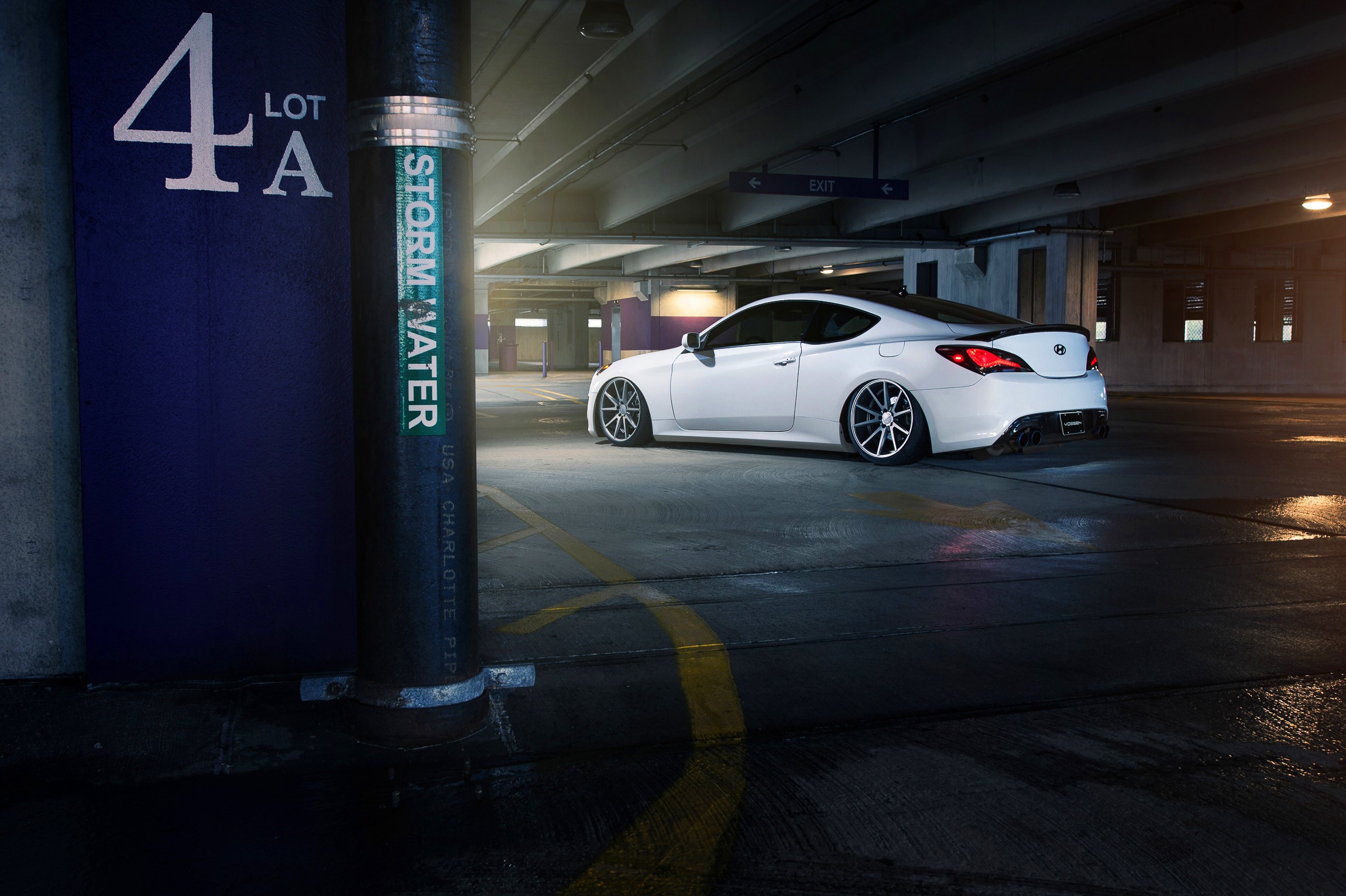 White Hyundai Genesis Coupe with Vossen Wheels in Parking Lot HD Wallpaper