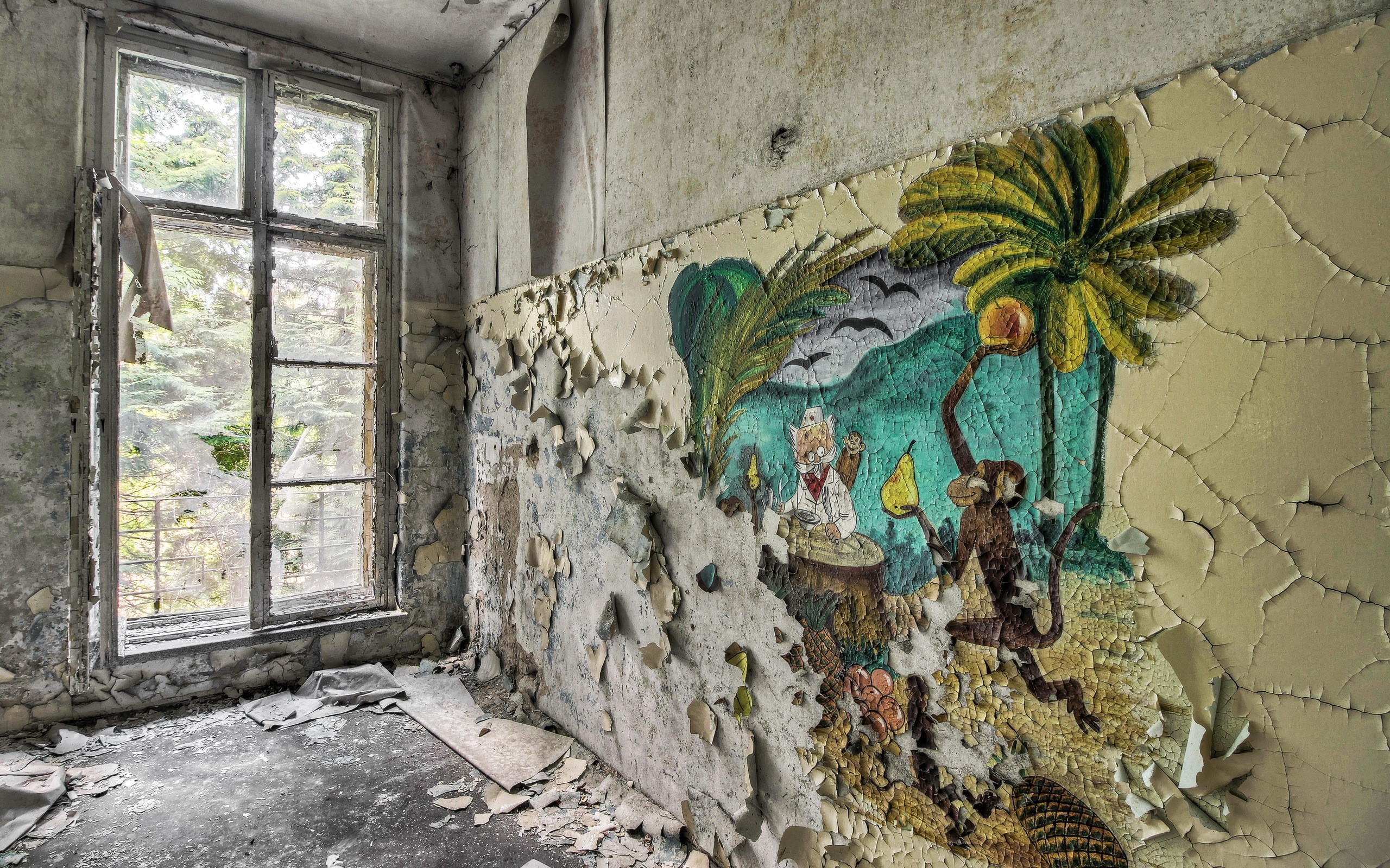 Abandoned room with peeling paint and mural HD Wallpaper