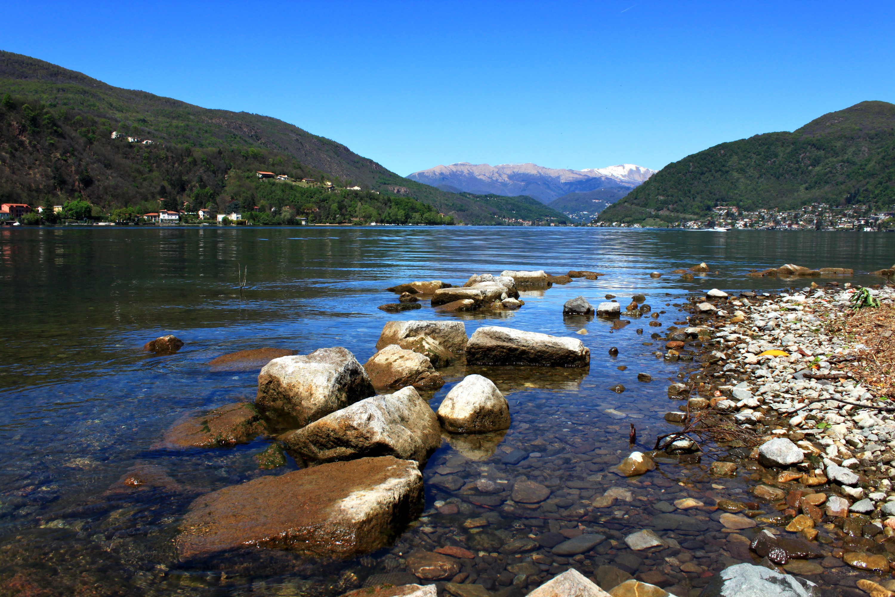 Lake Lugano, Switzerland with Mountains and Stones HD Wallpaper