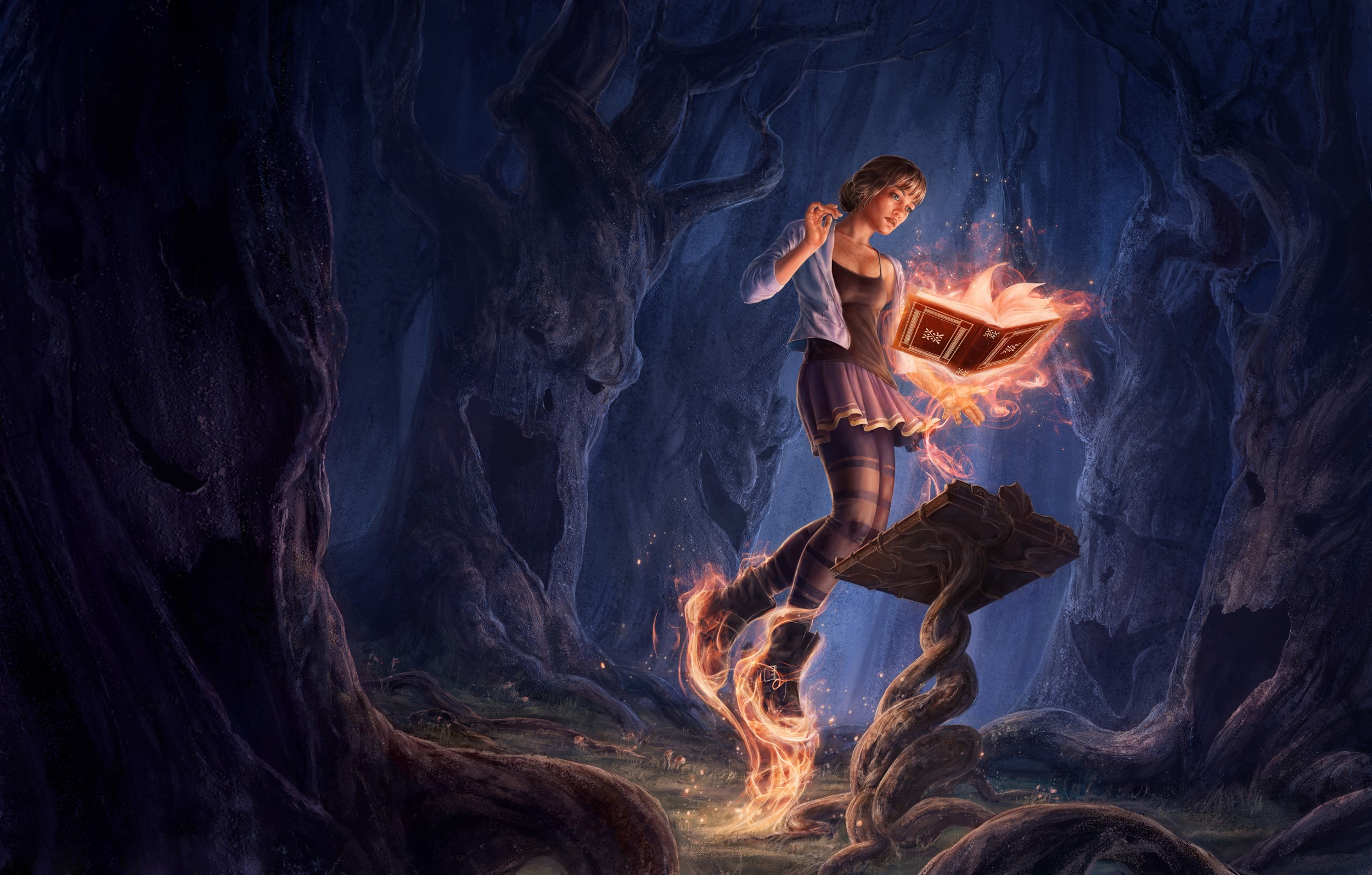 Girl reading a magical book in a dark forest HD Wallpaper