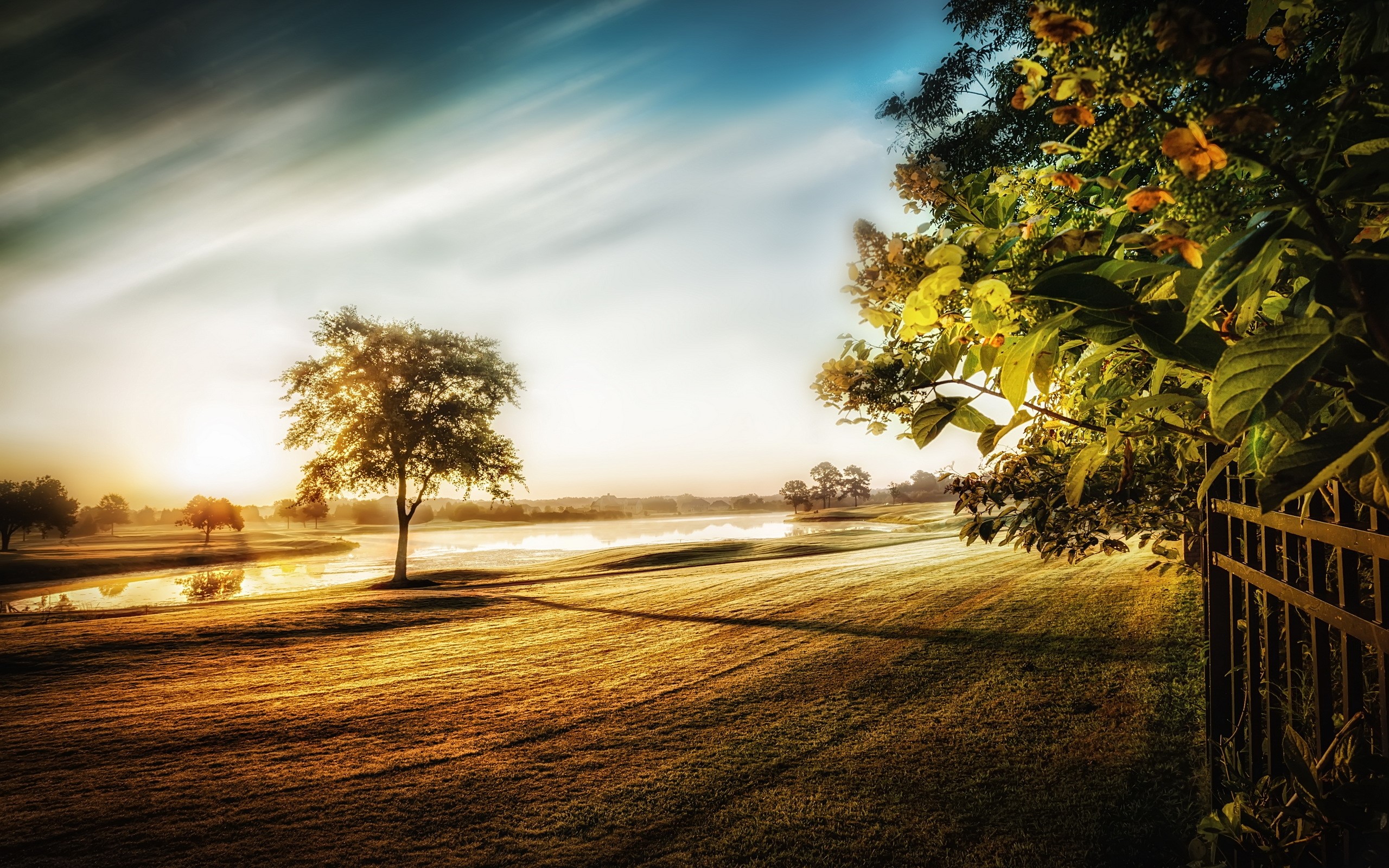 Sunrise over a golf course with trees and a lake HD Wallpaper