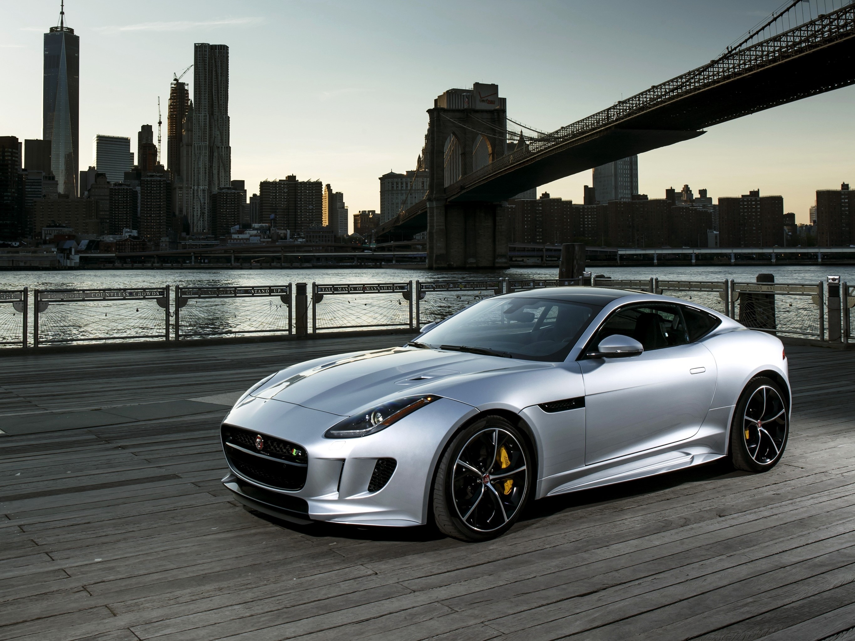 Silver Jaguar F-Type R AWD US-spec near Brooklyn Bridge HD Wallpaper