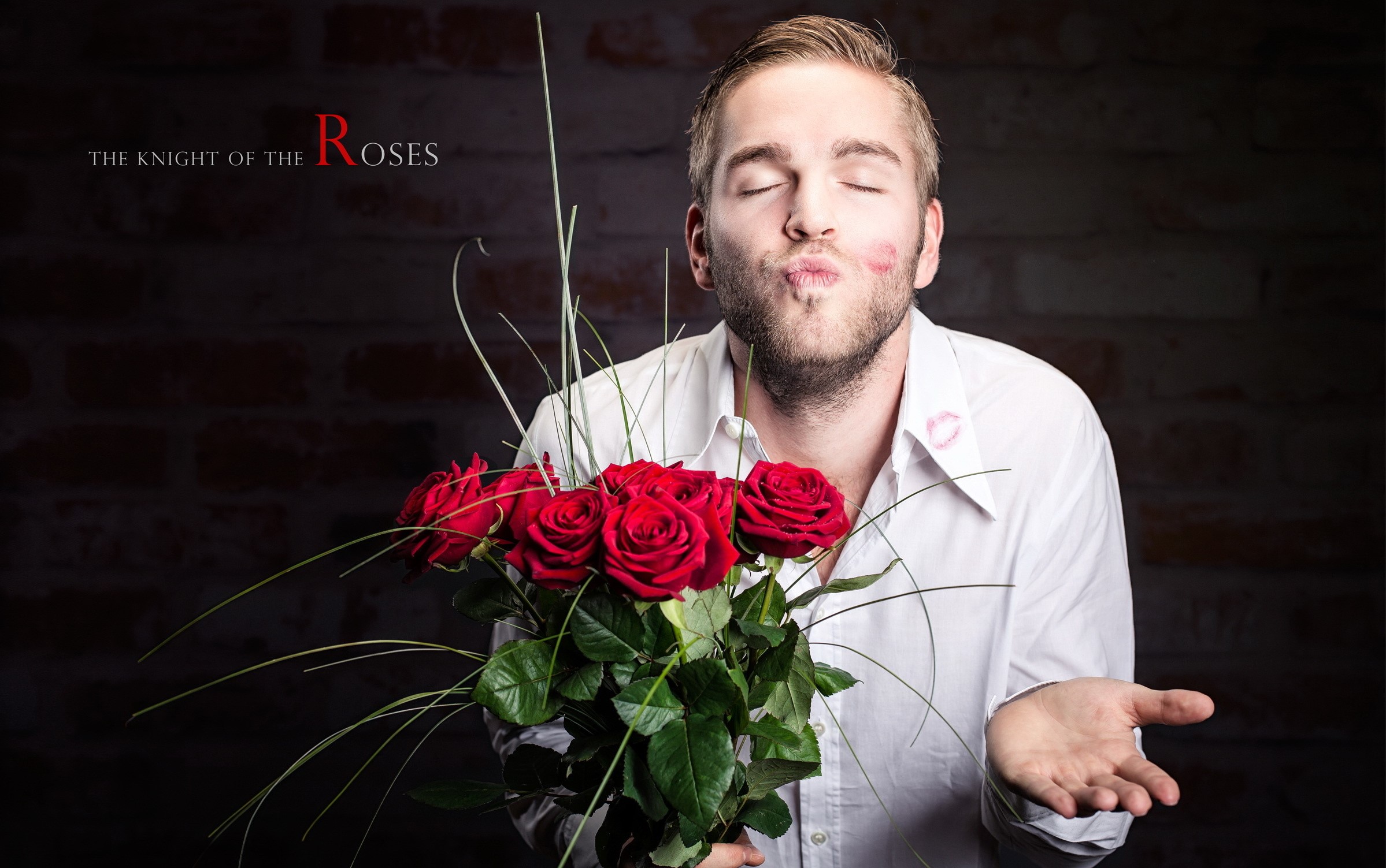 Man with Roses and Lipstick Marks HD Wallpaper