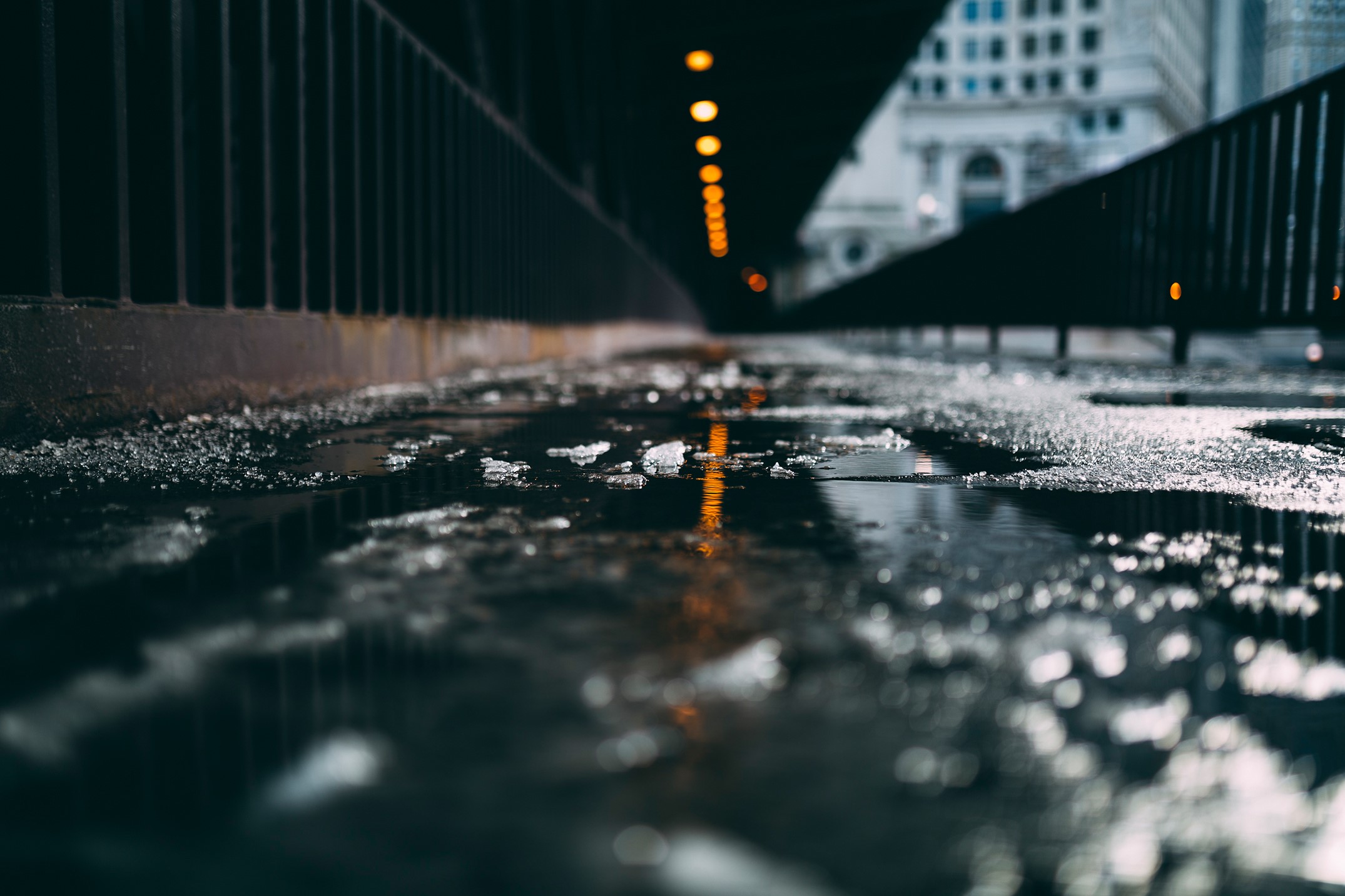 Chicago street with puddles and lights HD Wallpaper