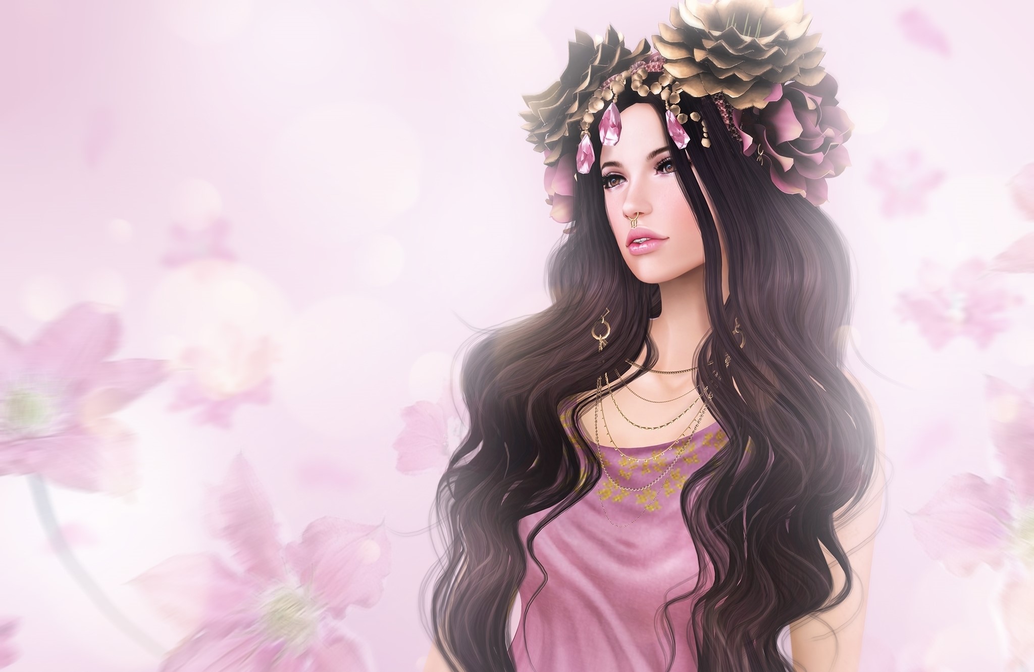 Brunette girl with flower crown and pink dress HD Wallpaper
