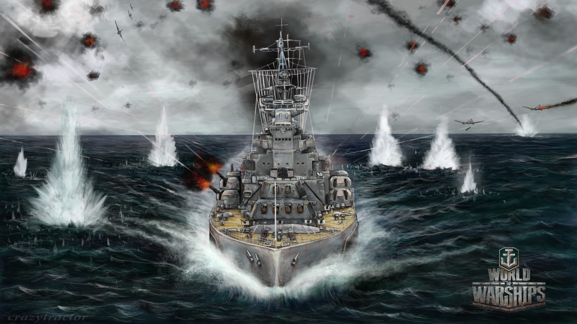World of Warships battle scene with battleship and aircraft HD Wallpaper