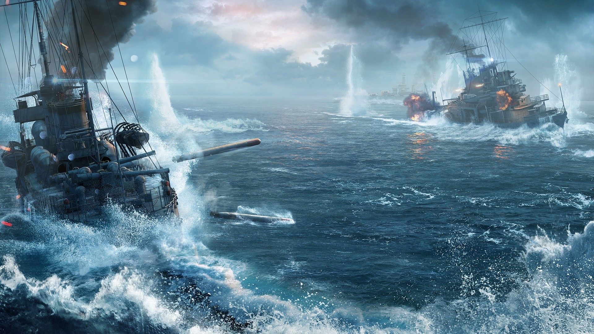 World of Warships battle with ships and torpedoes HD Wallpaper