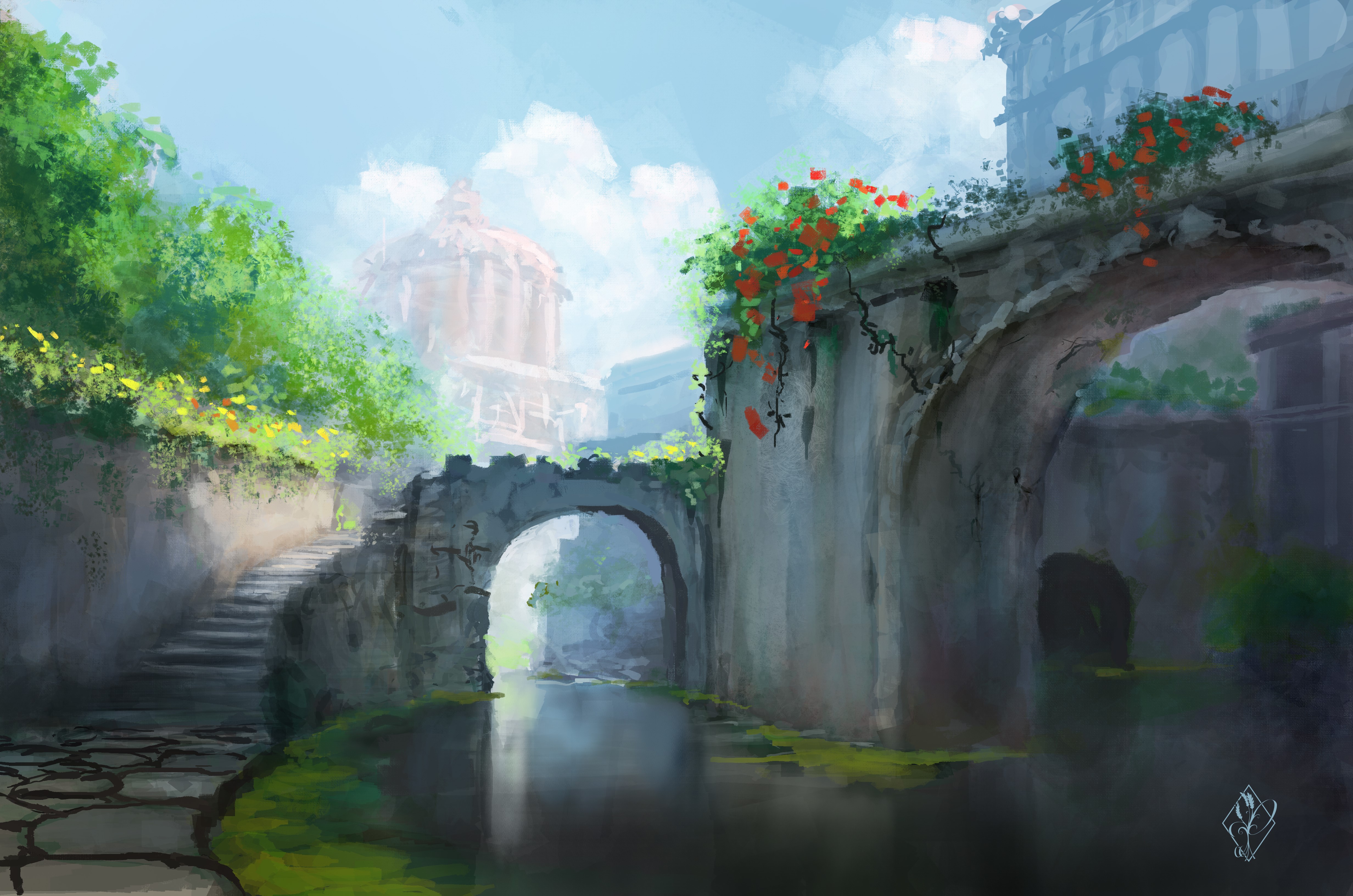 4K Pictorial art of ancient stone bridges and stairs HD Wallpaper