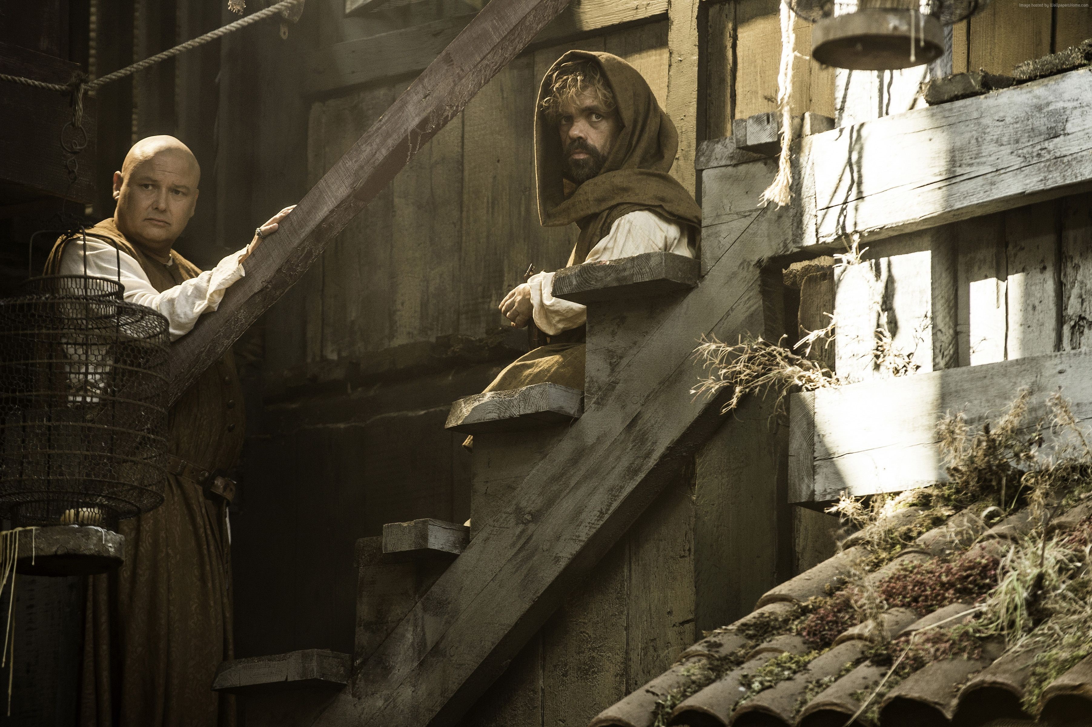 Tirion Lannister and Varys from Game of Thrones on stairs HD Wallpaper