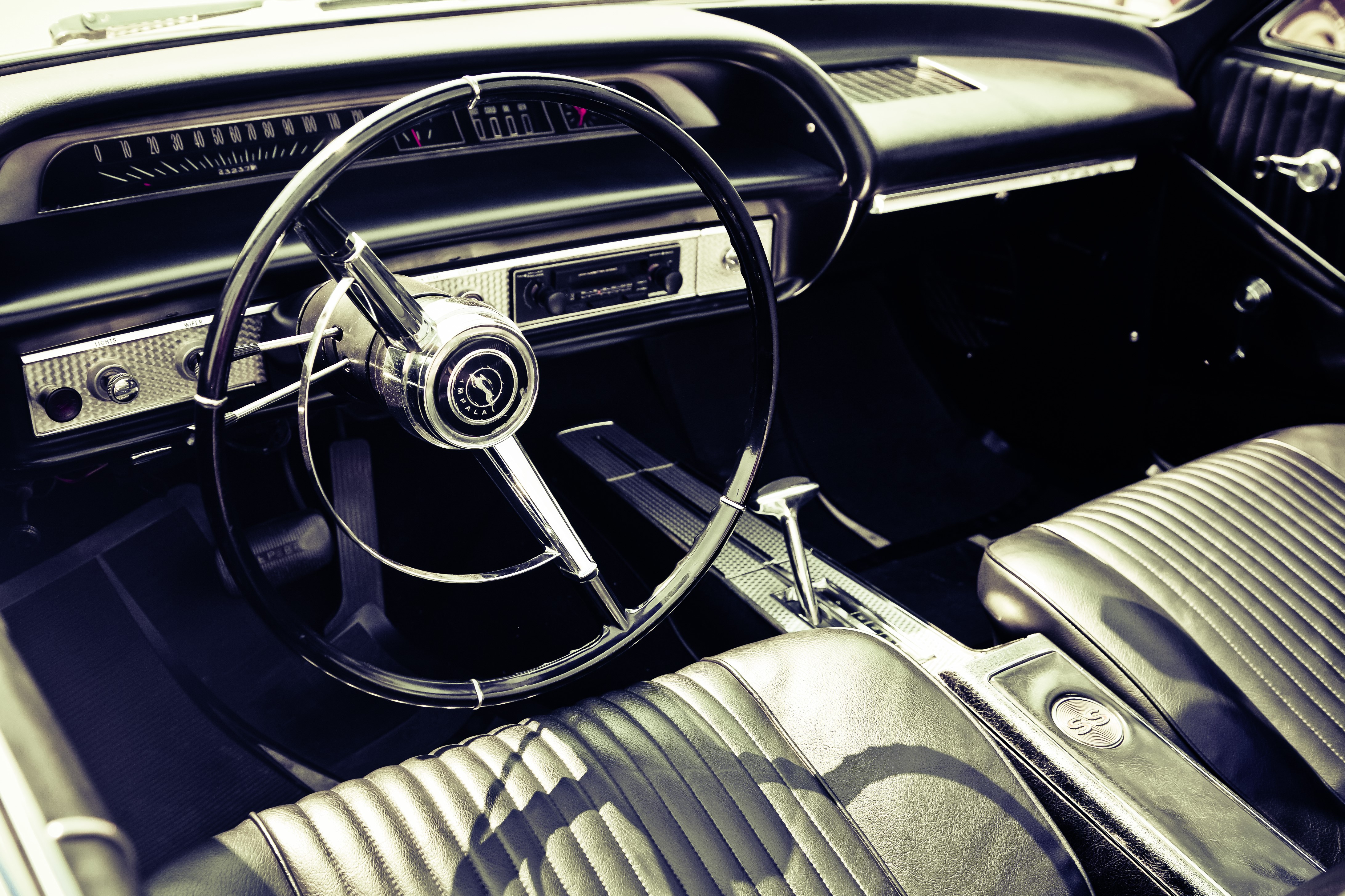 4K muscle car interior with steering wheel HD Wallpaper