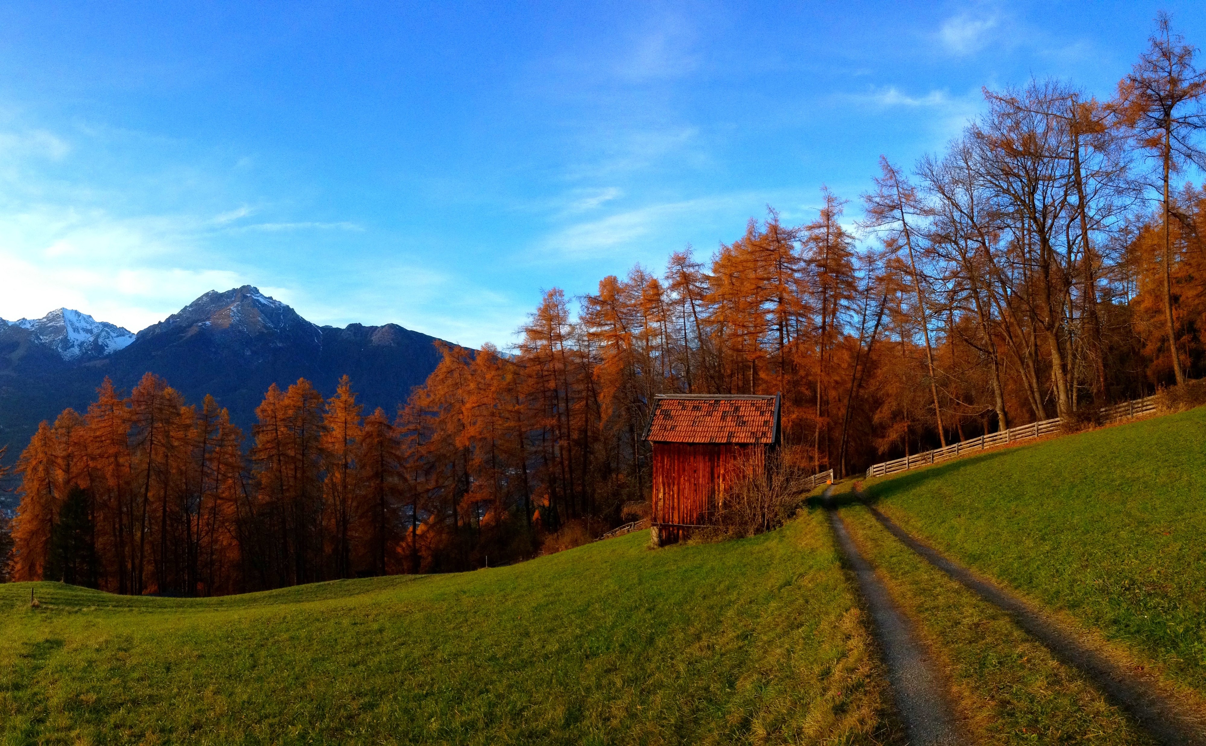 Autumn Mountain Landscape with Red Barn and Road HD Wallpaper
