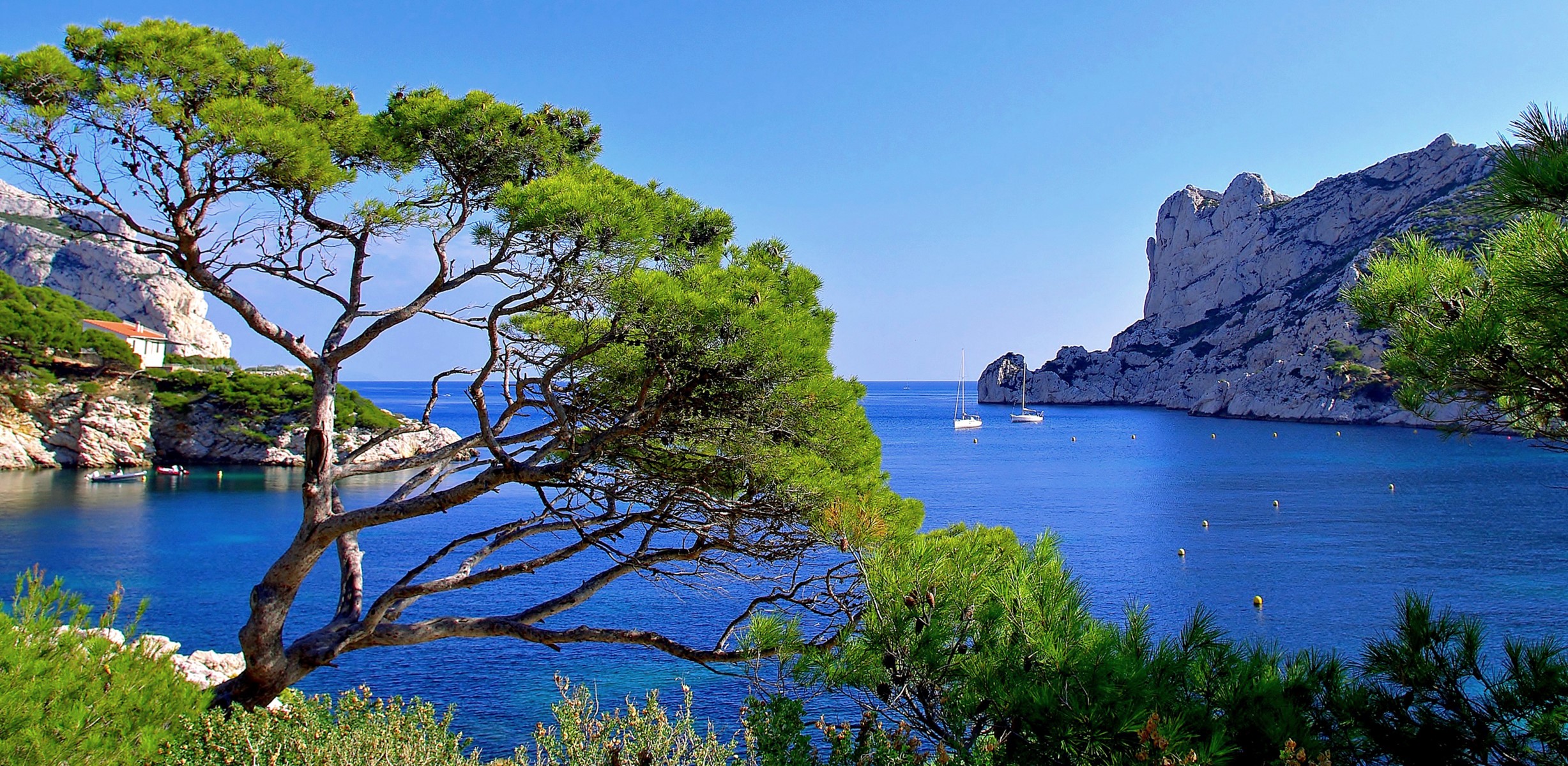 Calanques National Park, France with sailboats HD Wallpaper