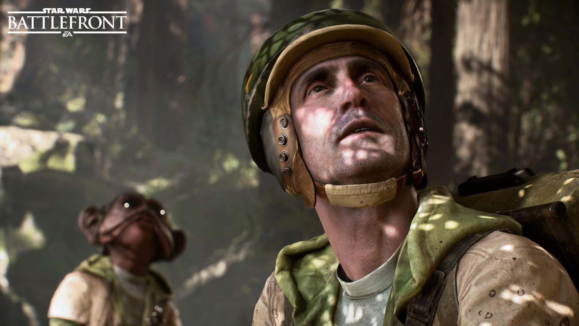 Star Wars Battlefront: Rebel soldier and Ewok on Endor HD Wallpaper