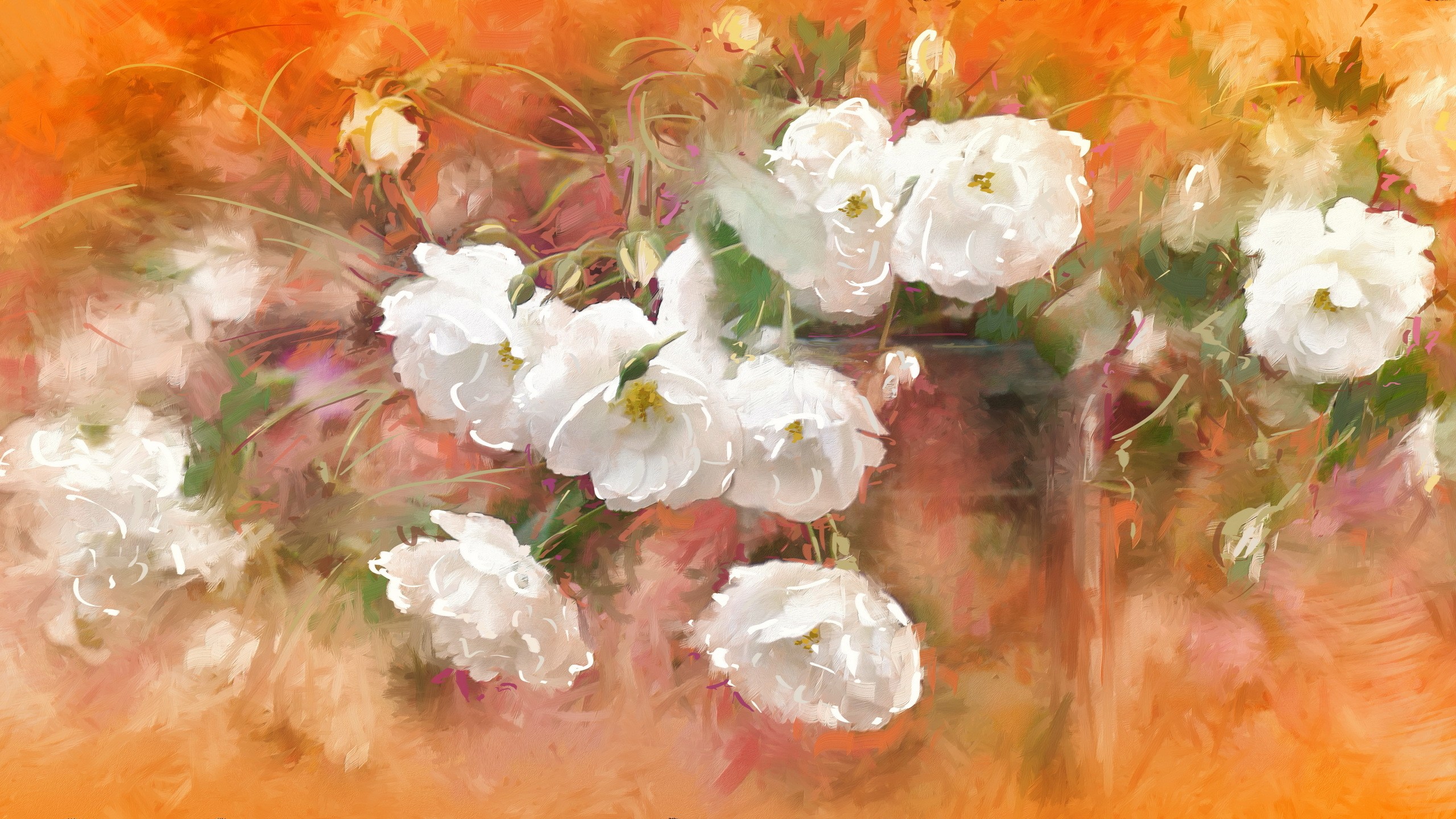 White roses in a vase with orange background HD Wallpaper