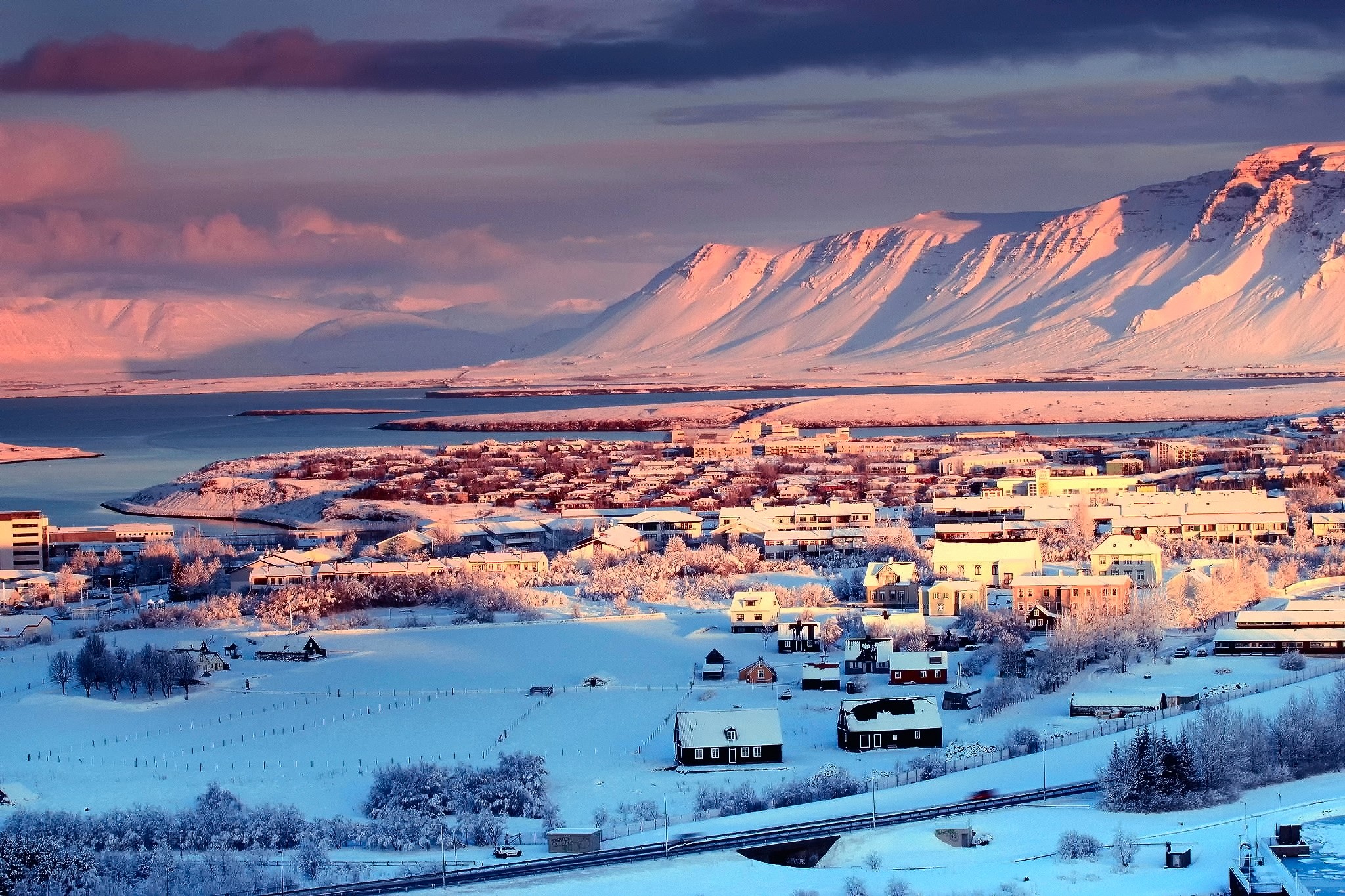Reykjavik, Iceland in Winter with Snow-Covered Mountains HD Wallpaper