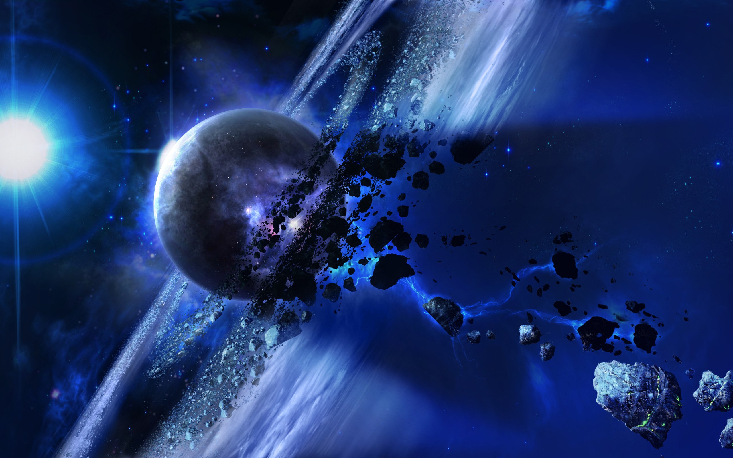 Planet with rings and asteroids in space HD Wallpaper