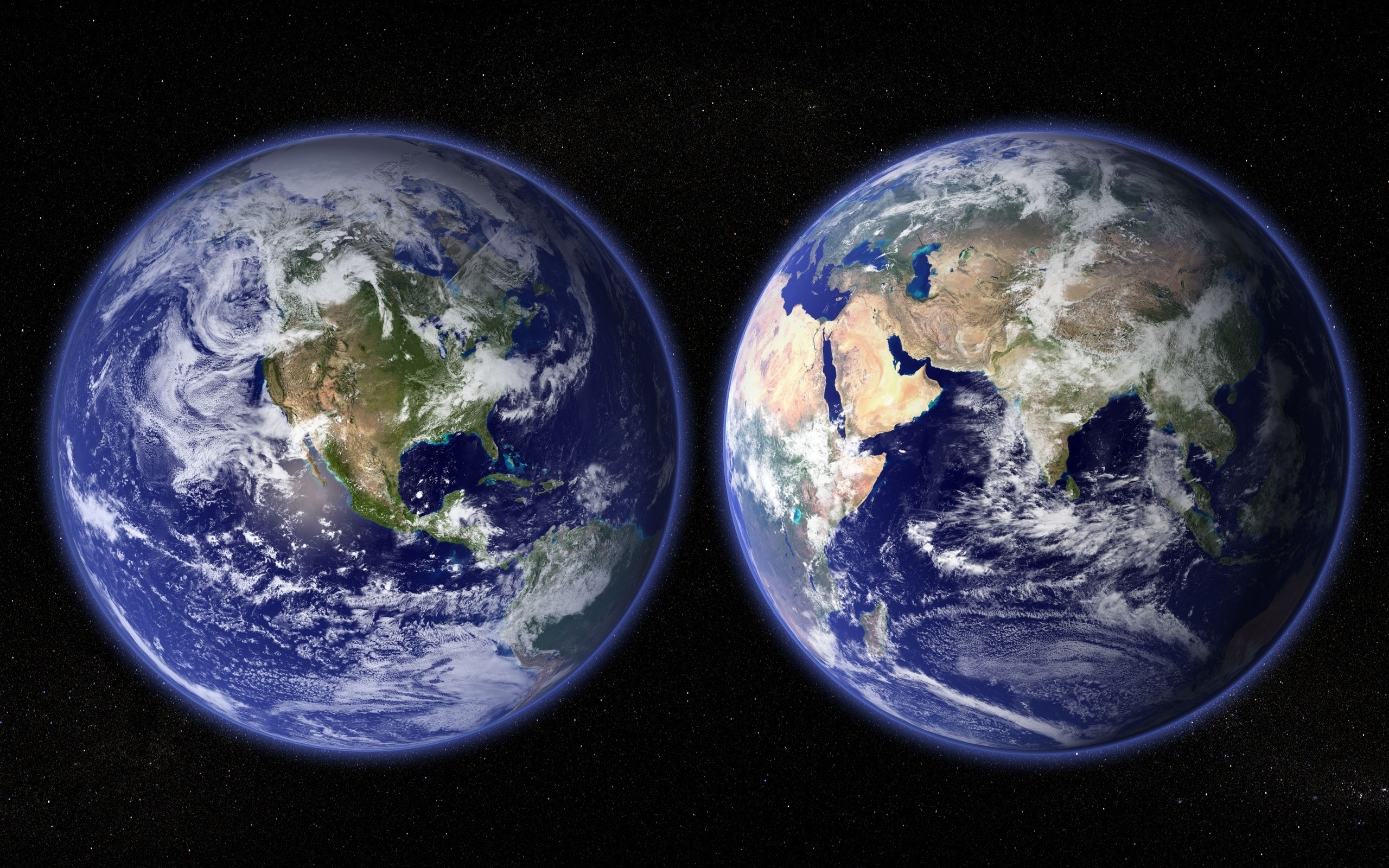 Two views of planet Earth in space HD Wallpaper