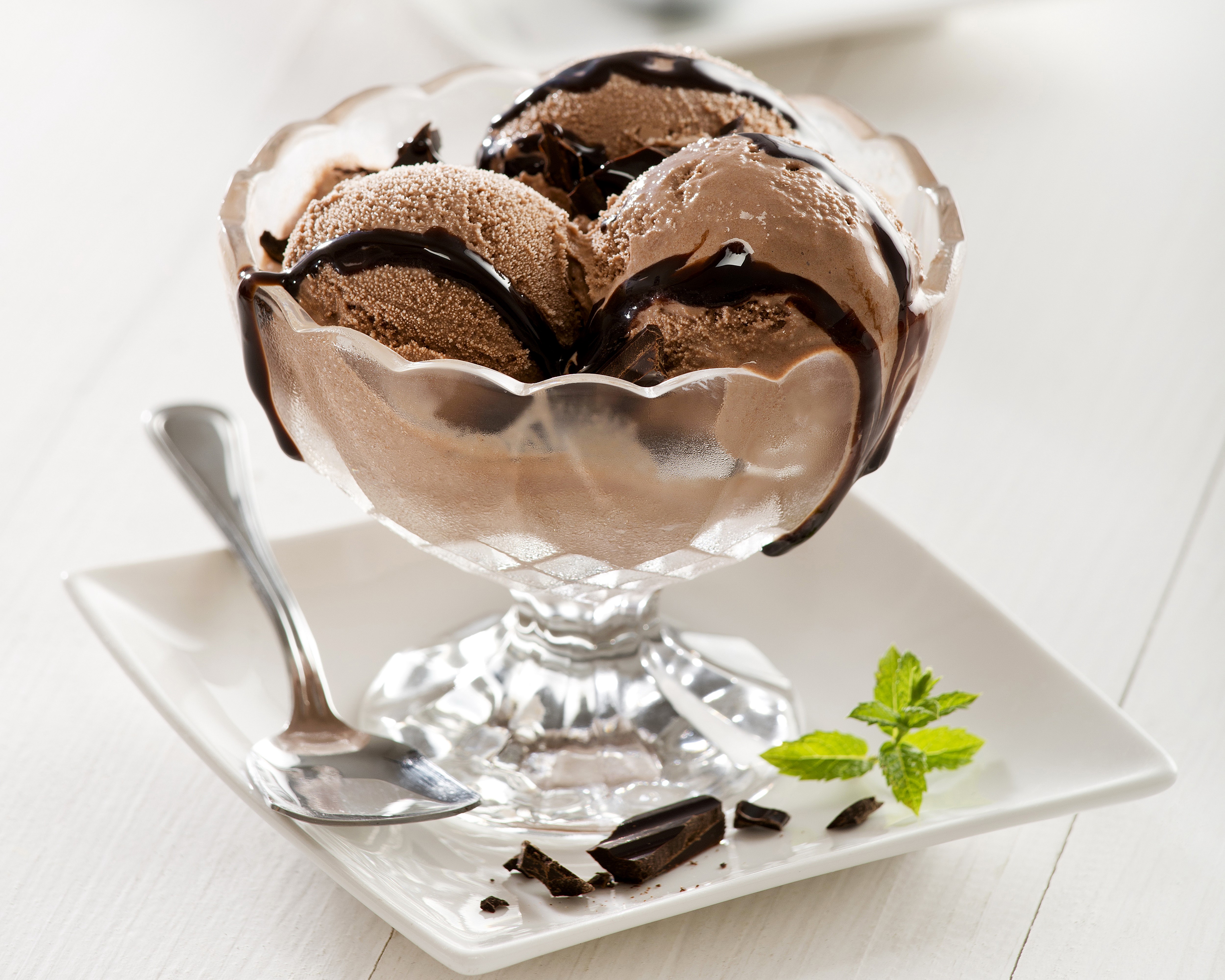 Chocolate ice cream in a glass bowl with chocolate syrup HD Wallpaper