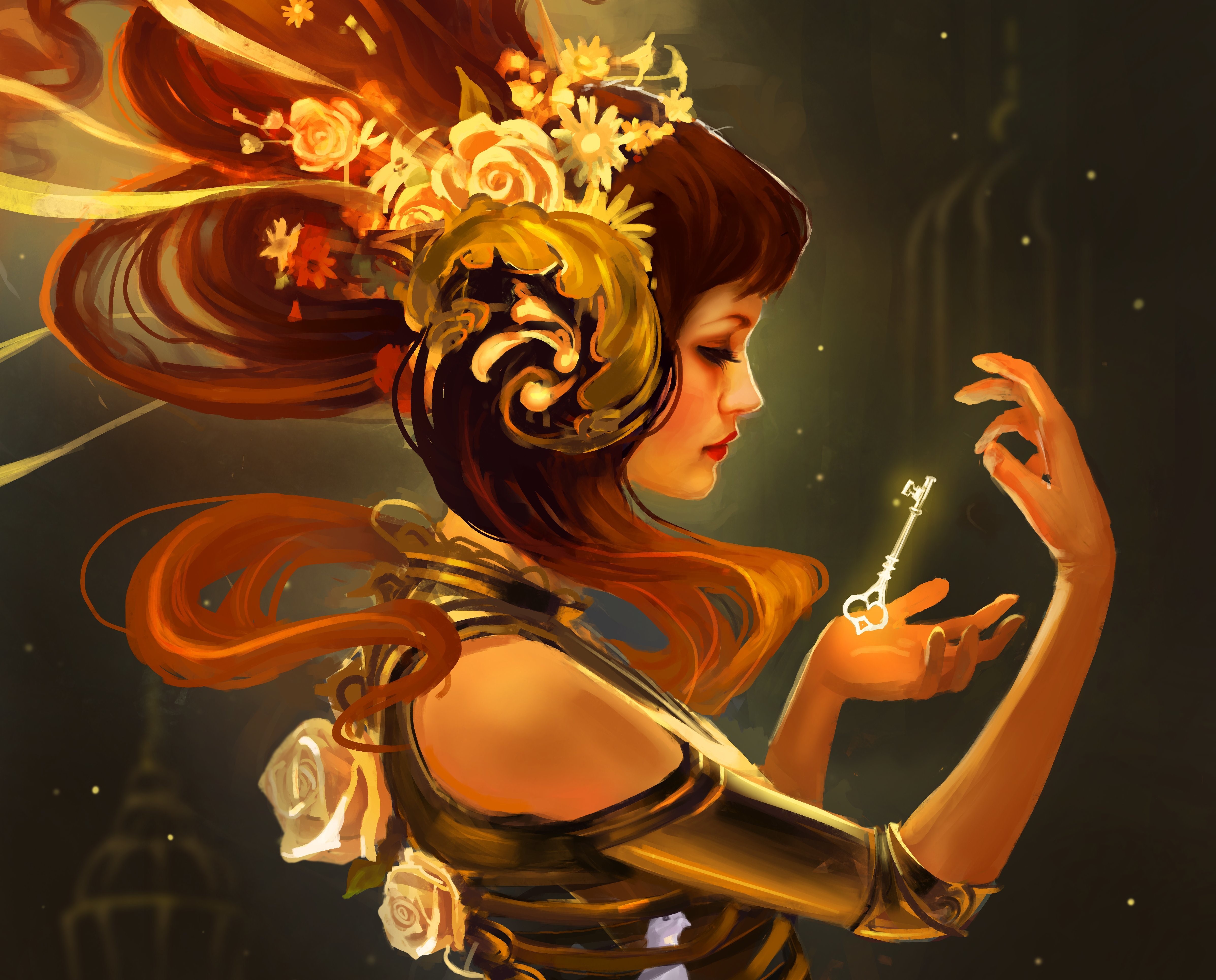 Woman with ornate headdress holding a glowing key HD Wallpaper