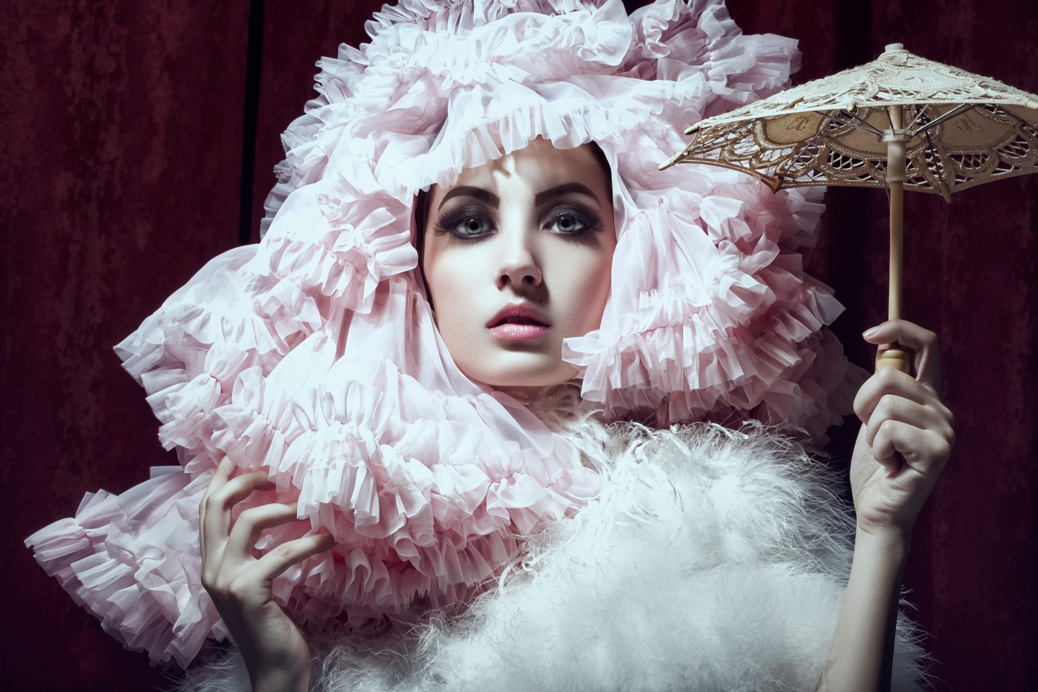 Woman in pink ruffles holding a parasol HD Wallpaper