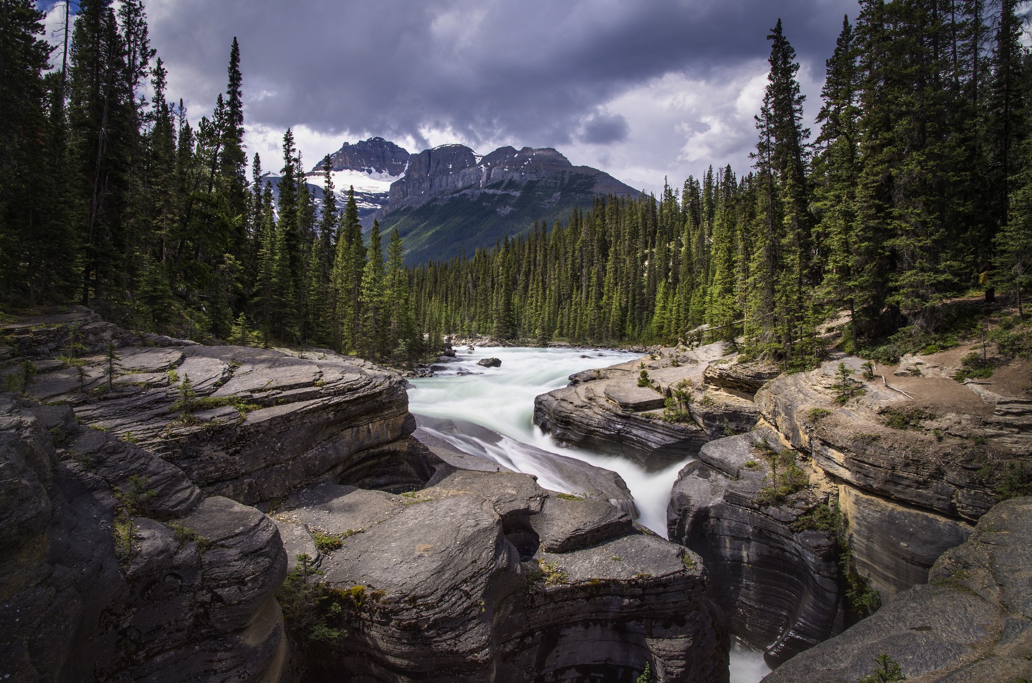 Mistaya Canyon River with Mountains and Forest HD Wallpaper