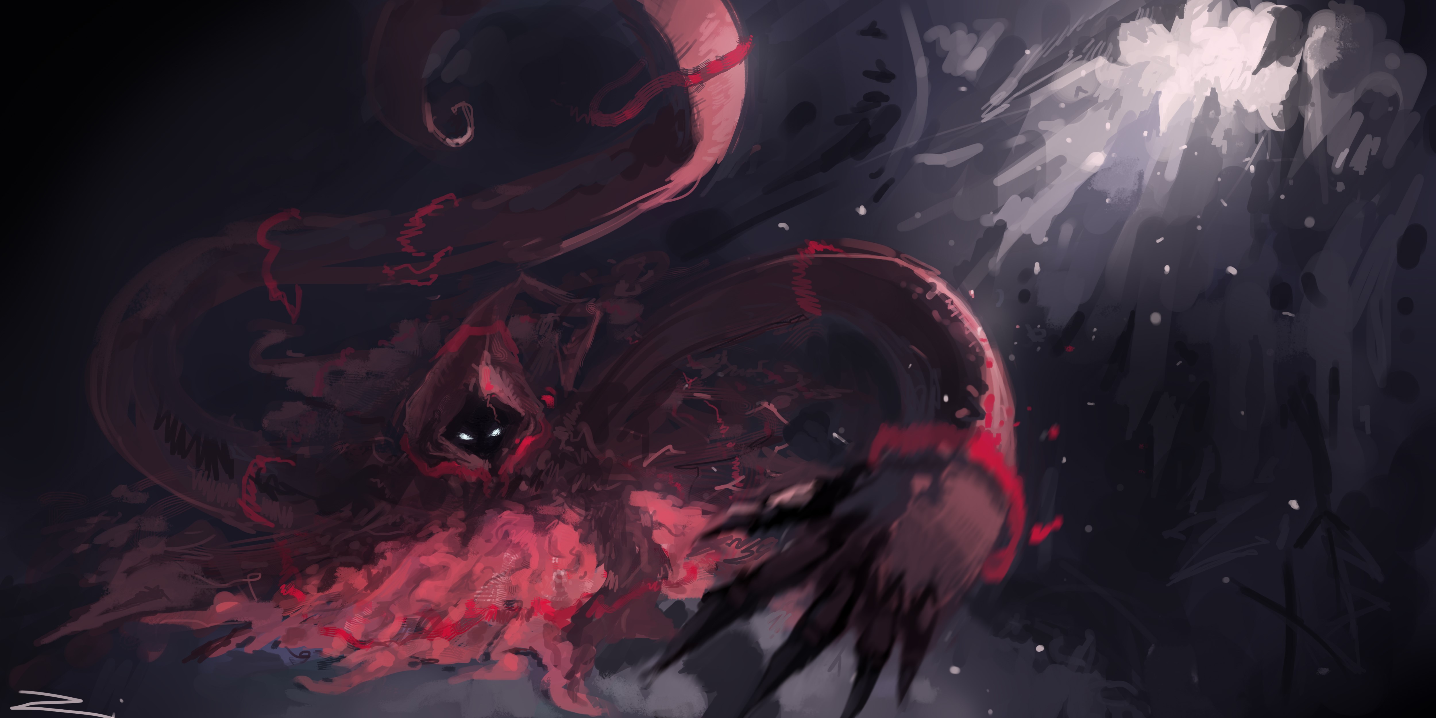 Hooded figure with red tendrils HD Wallpaper