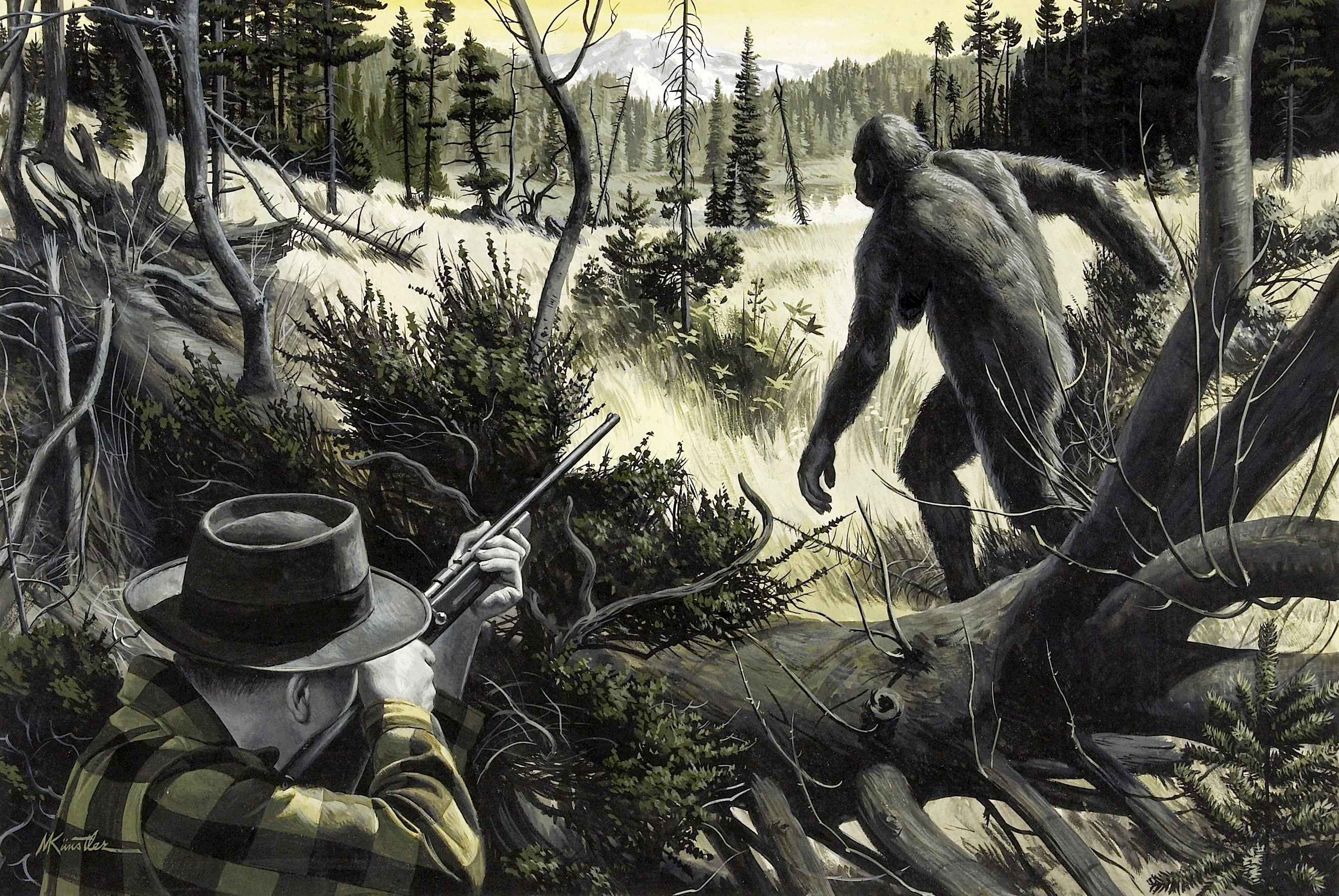 Man with rifle aims at Bigfoot in forest HD Wallpaper
