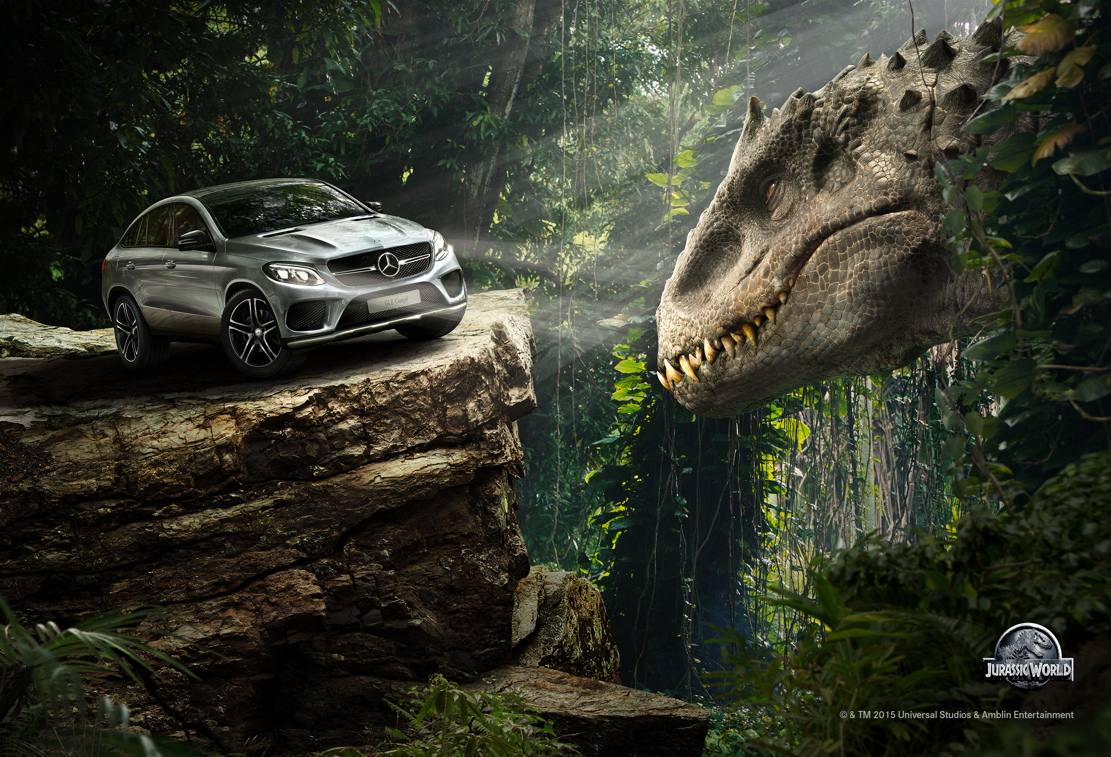 Mercedes-Benz GLE Coupe and Dinosaur from Jurassic World HD Wallpaper