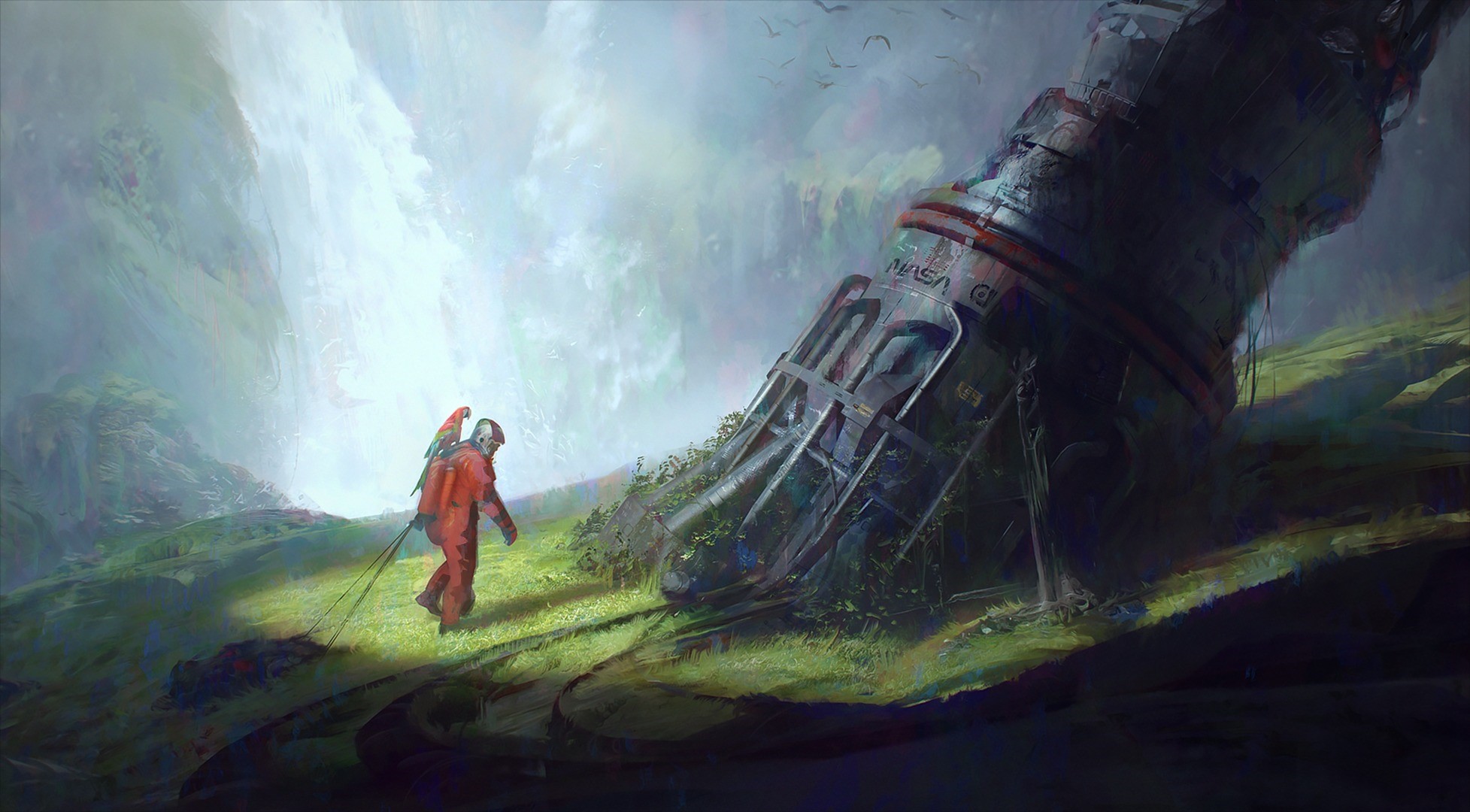 Astronaut near crashed spacecraft by waterfall HD Wallpaper