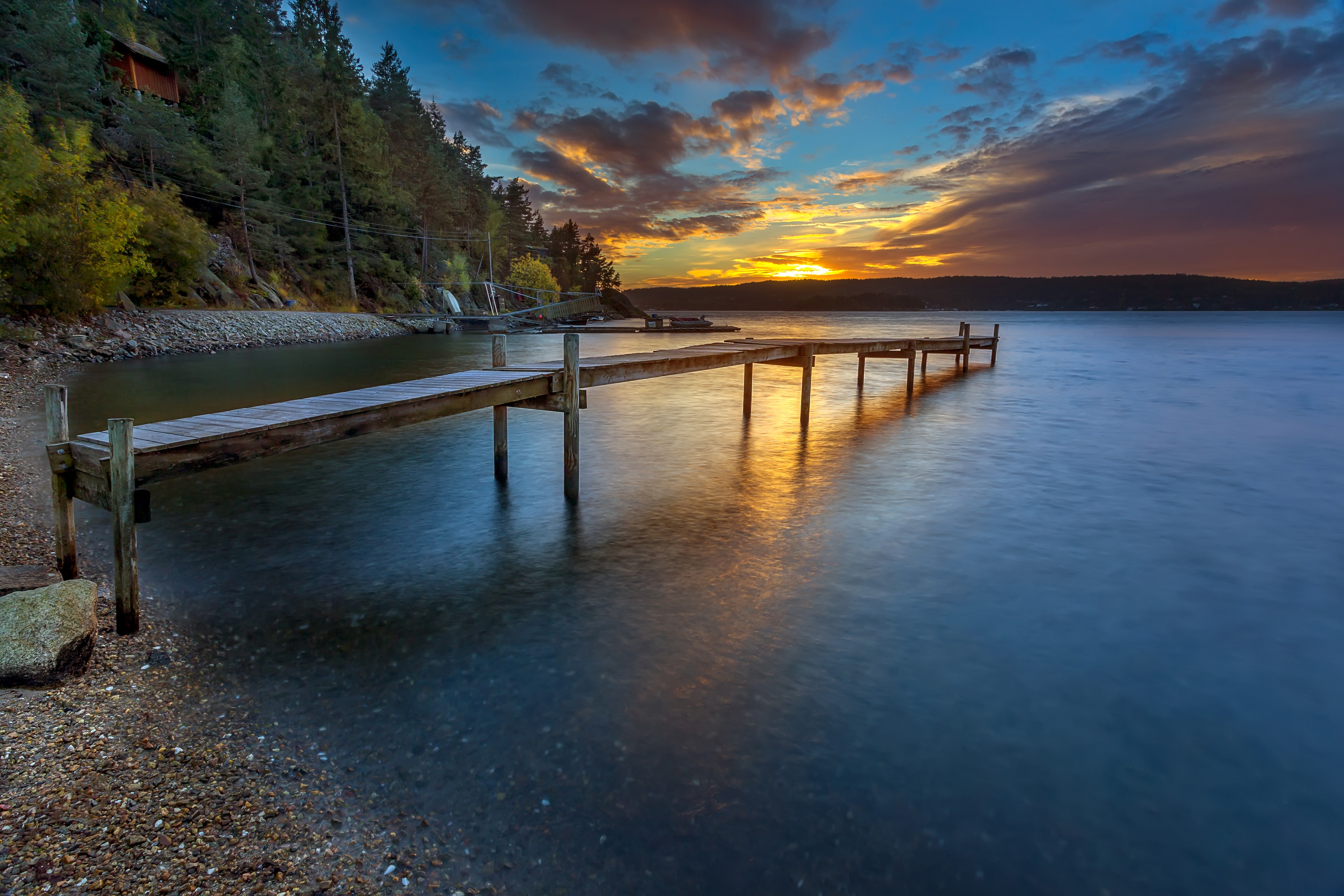 Wooden pier on a lake at sunset, Hoysand Ostfold, Norway HD Wallpaper