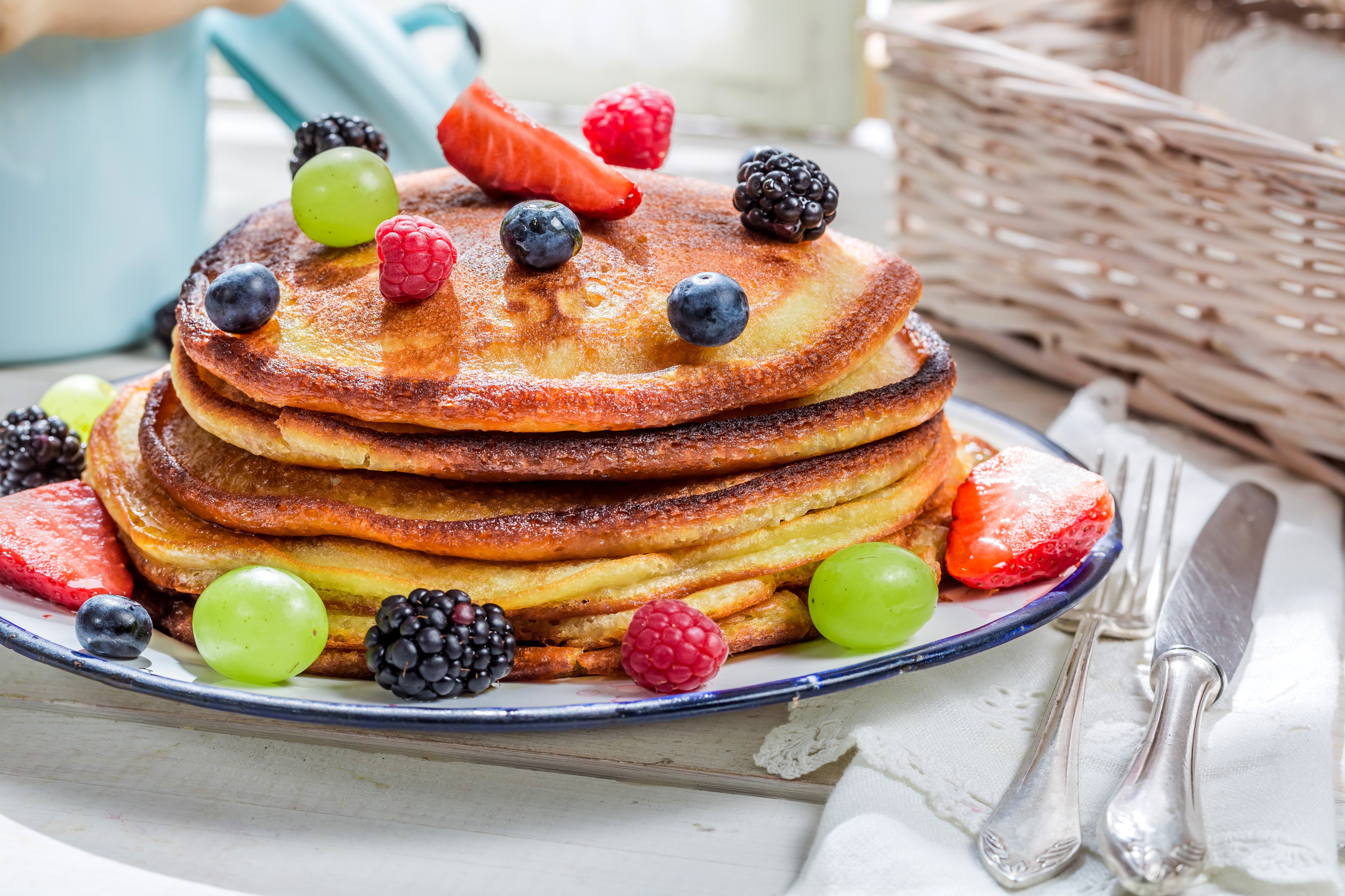 Pancakes with fresh berries and grapes HD Wallpaper
