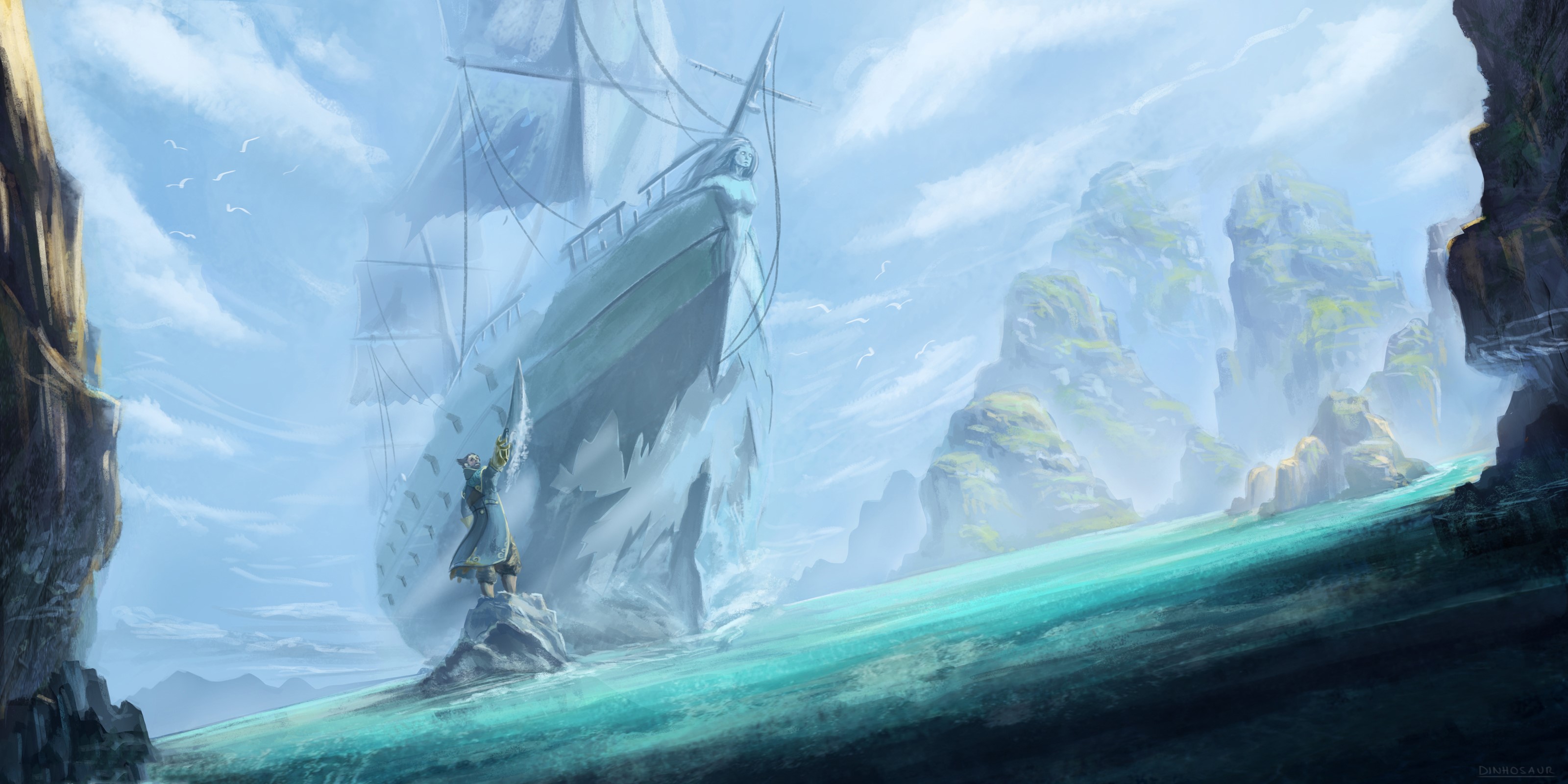 Kunkka from DOTA 2 on a ship near rocky islands HD Wallpaper