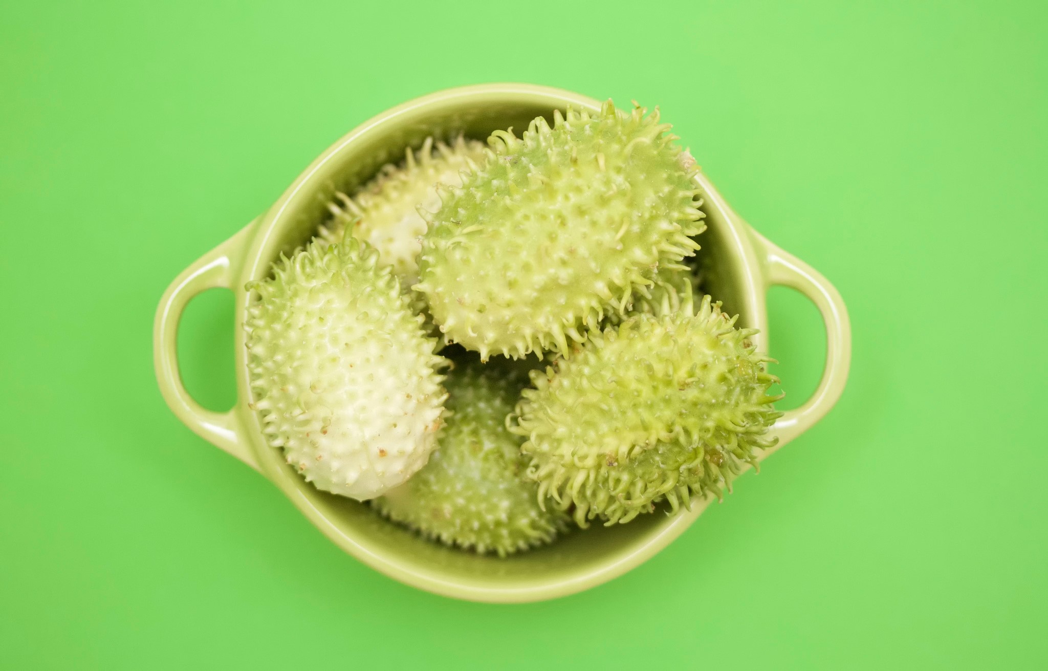 Green spiky fruits in a bowl HD Wallpaper
