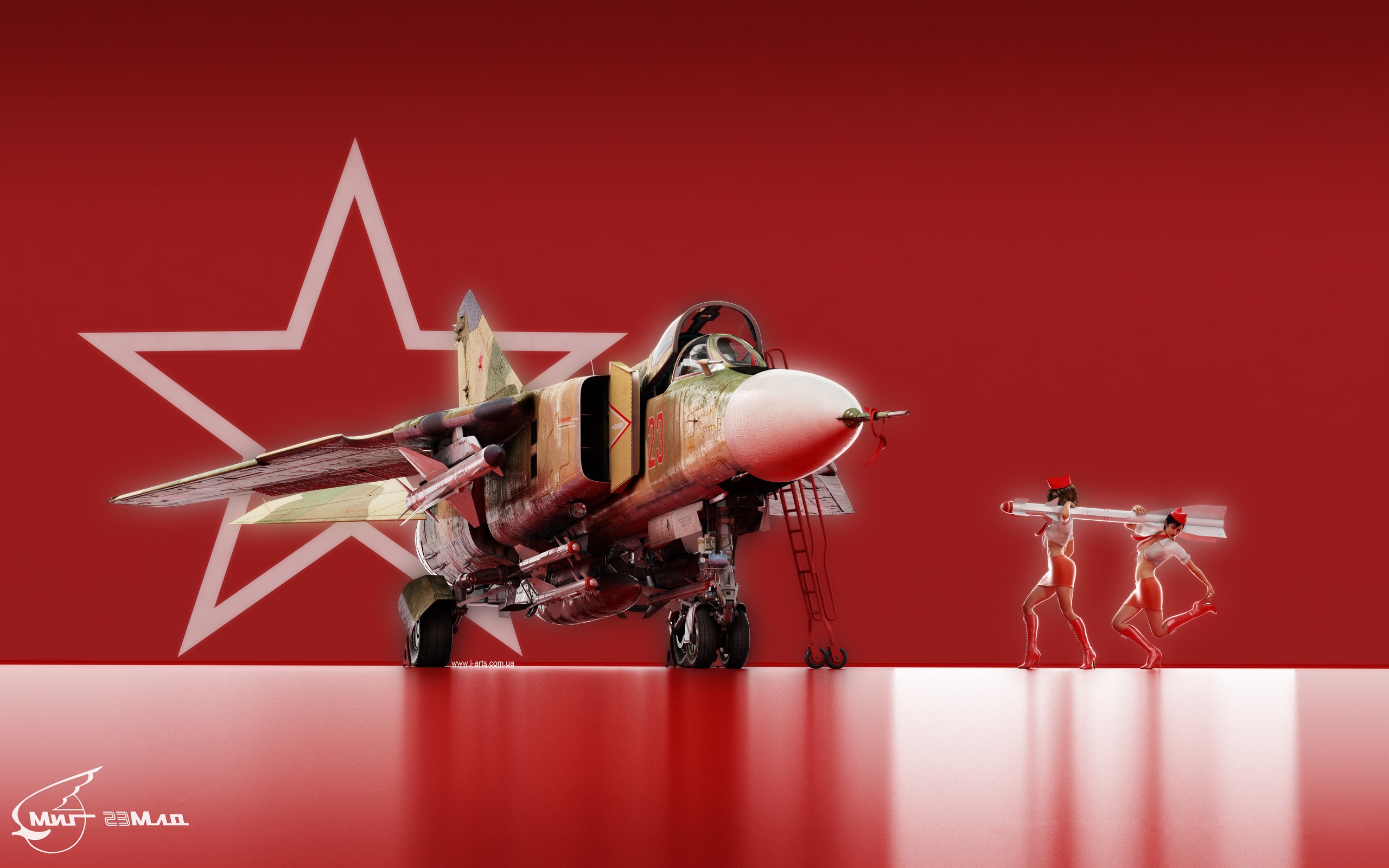 MiG-23 fighter jet with two women carrying a missile HD Wallpaper